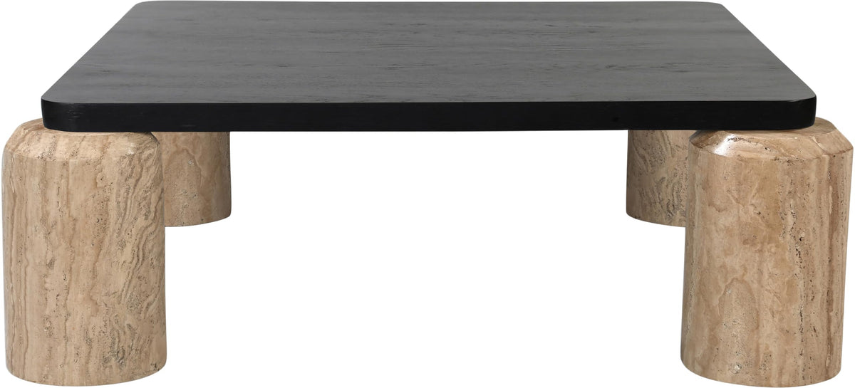 Meridian Furniture 99009Travertine-CT Ferrara Collection Art Deco Coffee Table with Genuine Travertine Legs, Black Finished Solid Oak Wood Top, 42" W x 42" D x 14" H, Natural