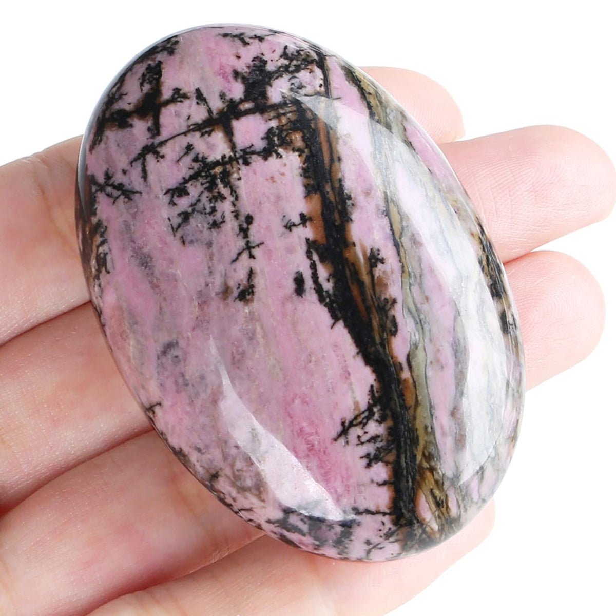 MAIBAOTA 2.4" Large Rhodonite Crystal Stone Polished Palm Stone Healing Crystals 0.7" Thick Natural Reiki Gemstone Worry Stone Energy Balancing Anxiety Stress Relief Meditation 1 Pc