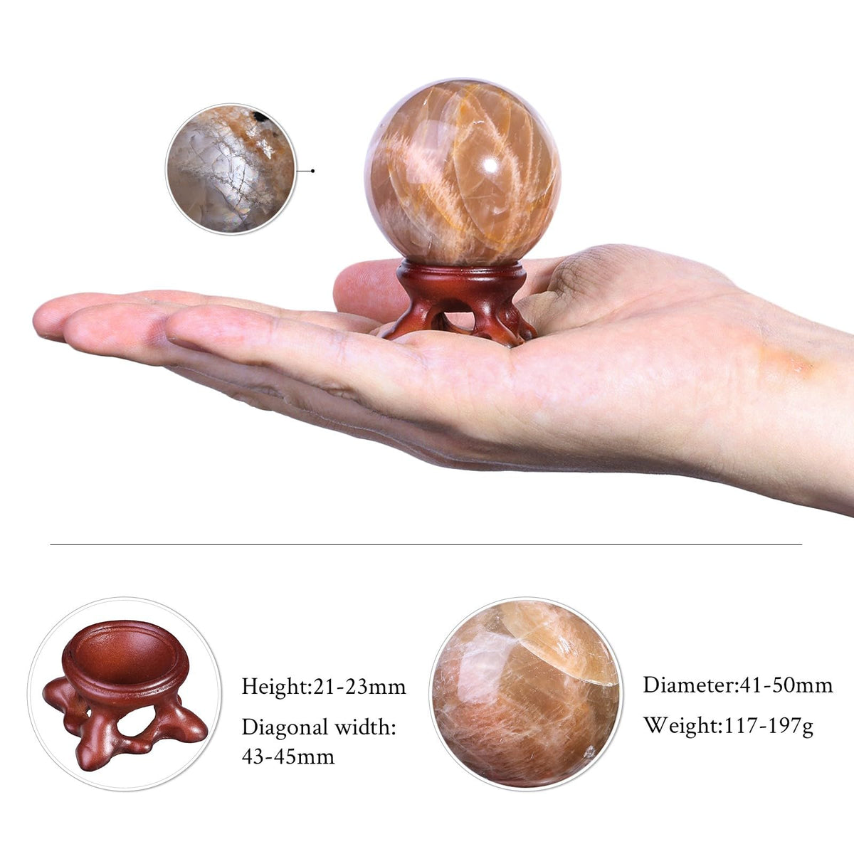 TUMBEELLUWA Orange Moonstone Crystal Ball with Stand for Fortune Teller Witchcraft Divination, Decorative Gemstone Sphere for Home Decor, 41-50 mm