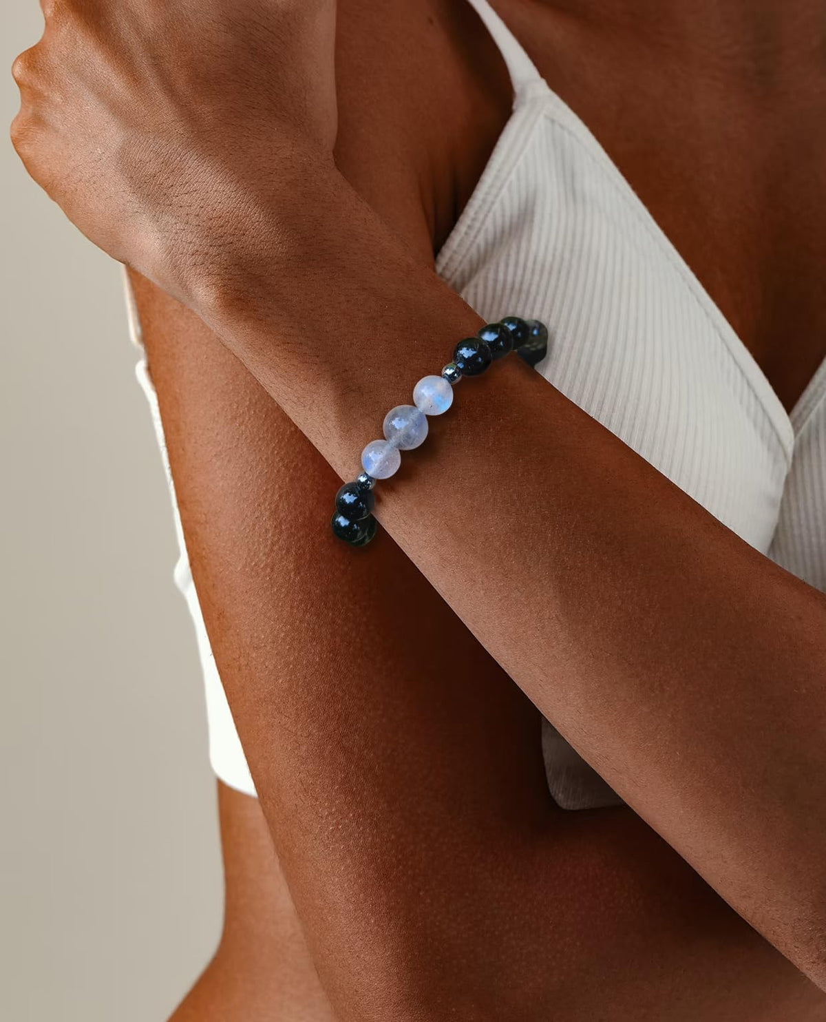 DLYFNVEV Empath Triple Protection Bracelet Black Tourmaline Hematite Moonstone Anxiety Relief Grounding Lava Rock Healing Crystal Black Beaded Balance Energy Jewelry Gifts