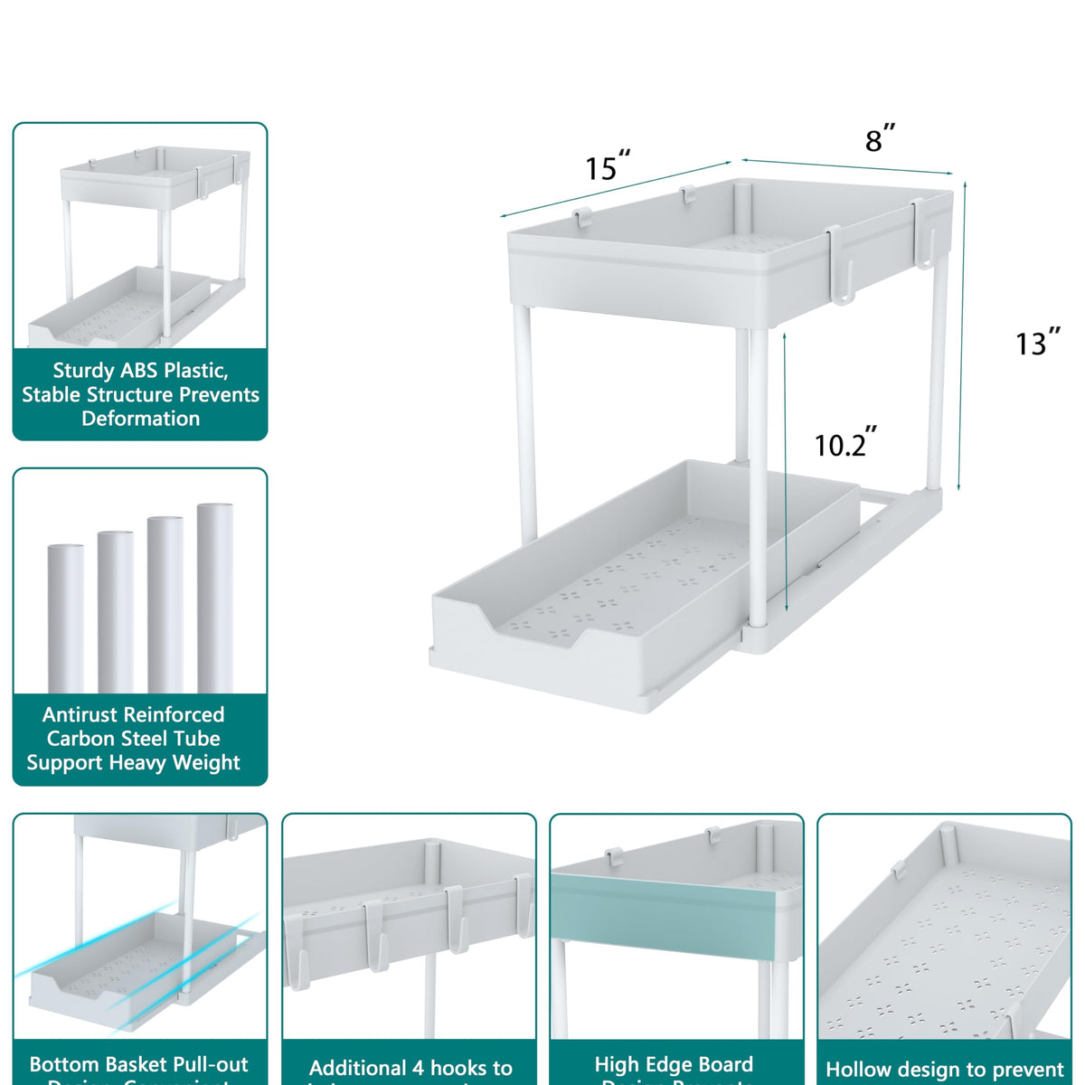DEKAVA Cabinet, 2 Pack Under Sink Organizer, 2 Tier Sliding Bathroom Kitchen Organizer, Large White ABS Baskets, Easy Install & Clean