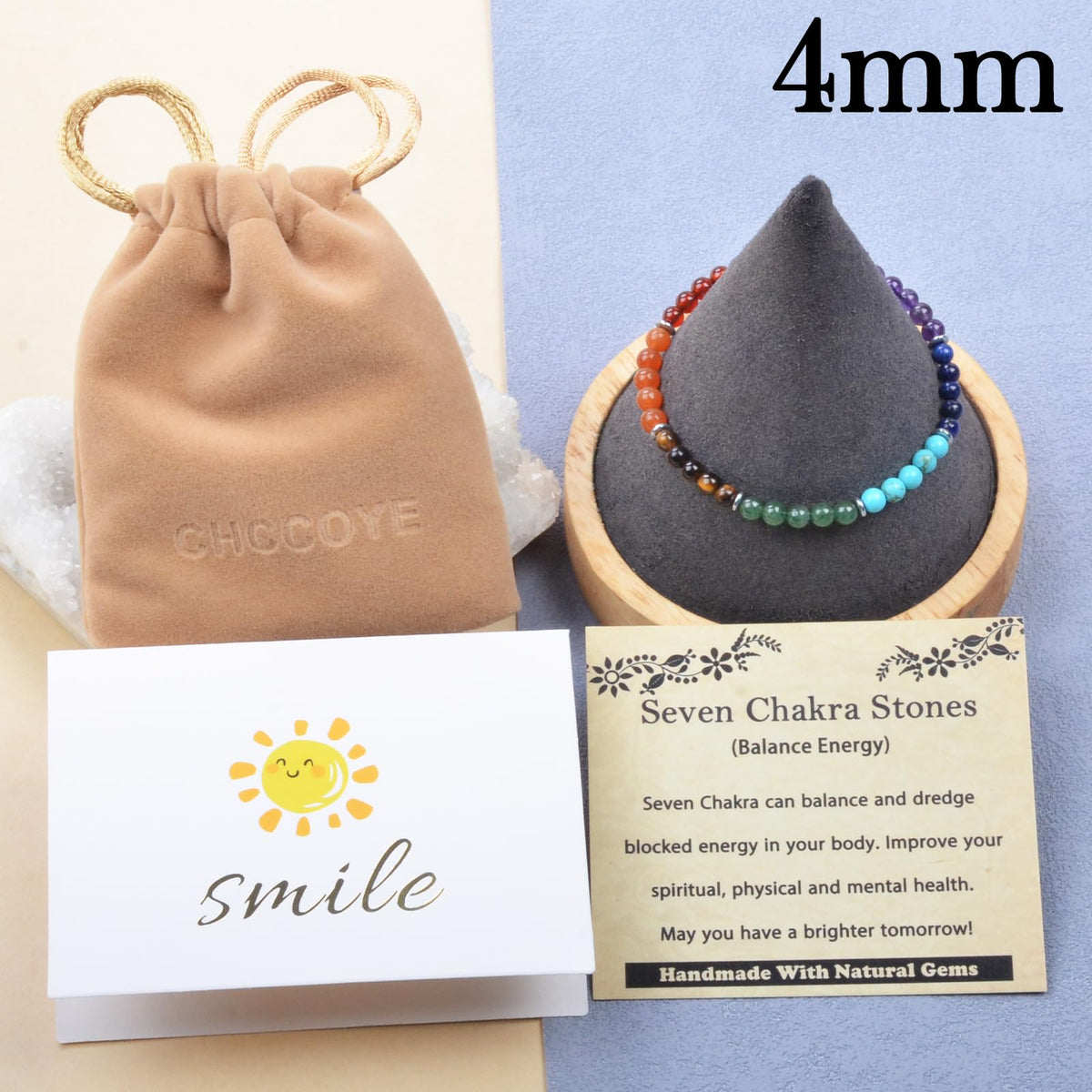 CHCCOYE 4mm Handmade Adjustable Natural Gemstone Crystal Bracelet Healing Power Energy Inspirational Gifts with Card for Unisex (Seven Chakra Stones)