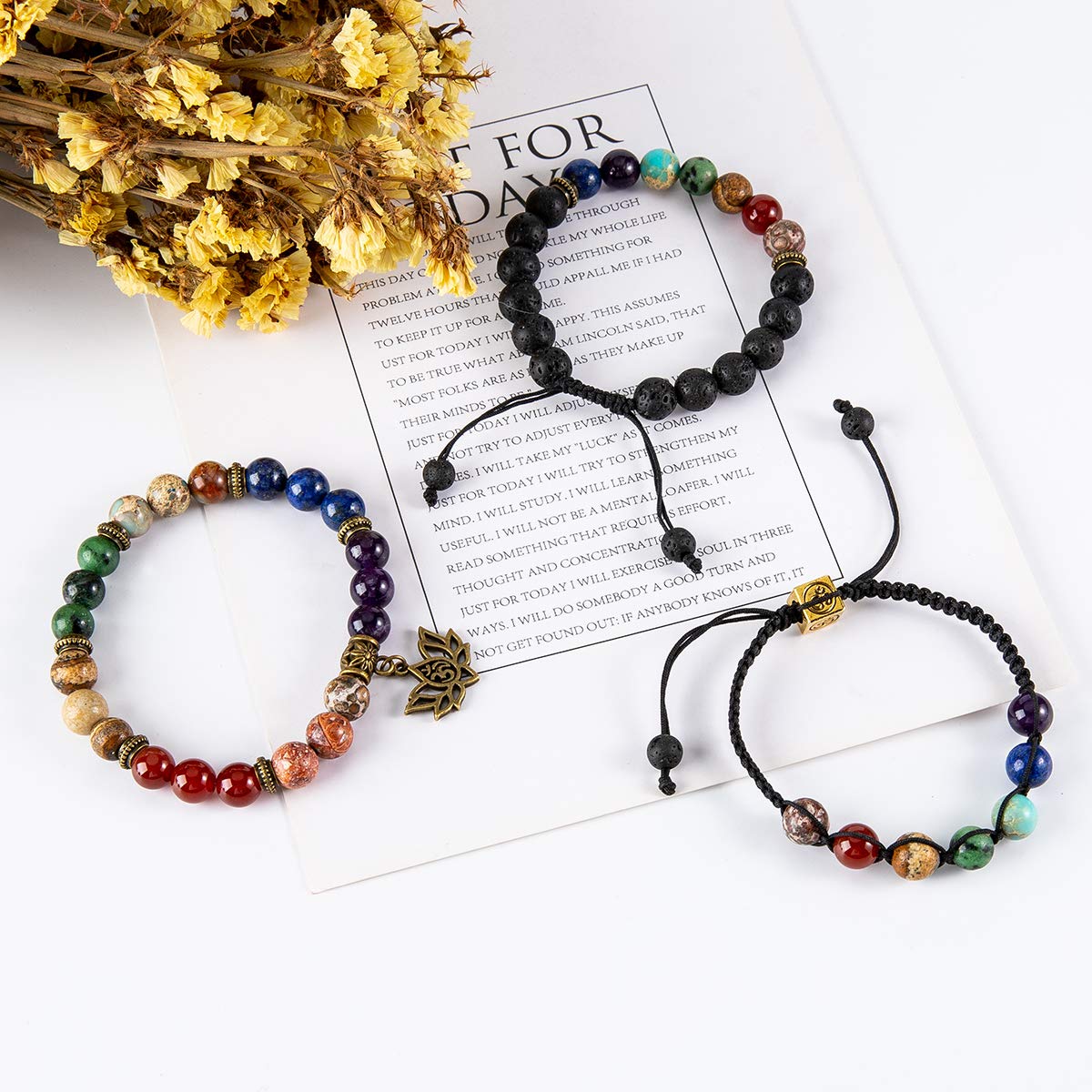 Bivei Beaded Bracelets 7 Chakra Crystal Healing Beads Bracelet Yoga Meditation 8mm Real Stones Anxiety Gemstone Adjustable Braided Bracelet for Women Jewelry (Lotus OM)