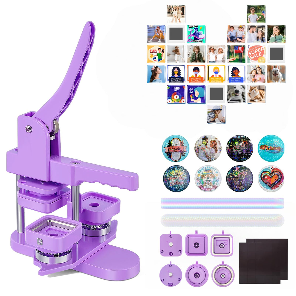 Button Maker Machine, Square & Round Button Badge Press Kit- 50pcs Square Magnet Button(2'' x 2'') + 50pcs Circle Pinback Button(58mm), Button Press Making Kit for Parties, Events, Business, School