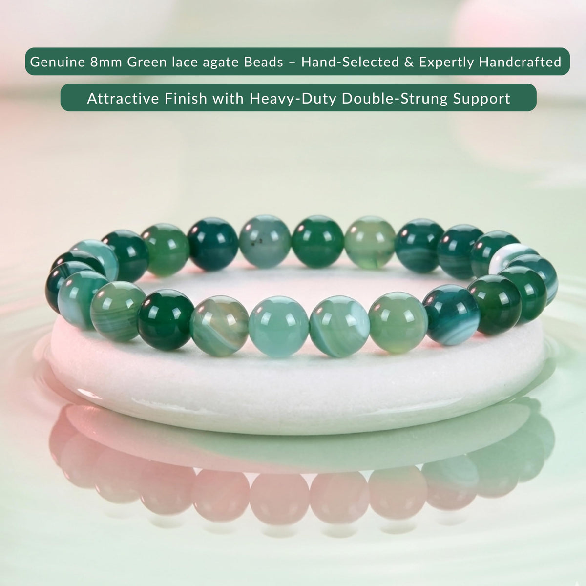 Cherry Tree Collection Lace Agate Green Beaded Bracelet – Genuine 8mm Gemstone Stretch Bracelet for Men & Women – Handmade Crystal Bracelet - (Lace Agate Green - S)