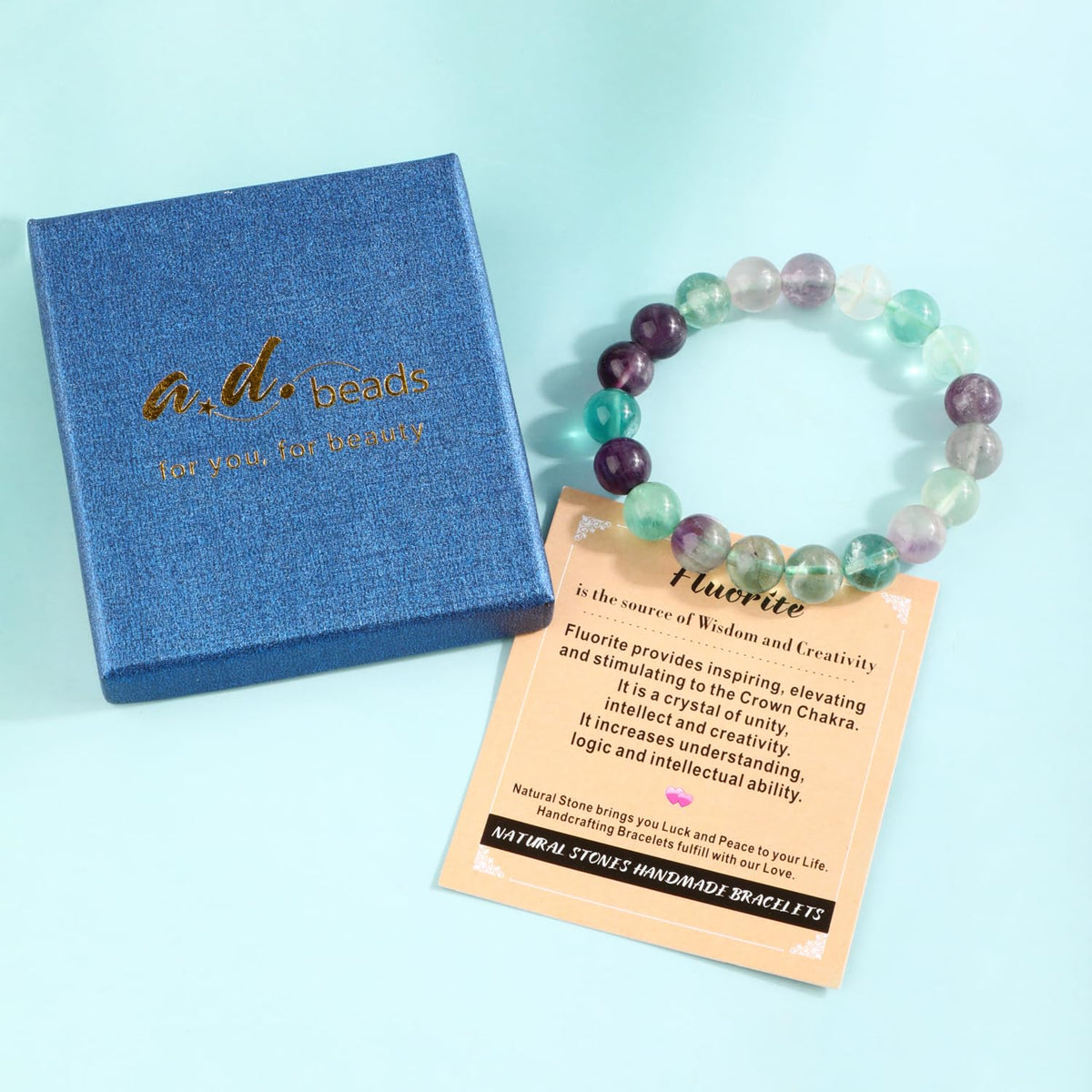 AD Beads 10mm Handmade Fluorite Elastic Bracelet – Natural Gemstone for Is the source of Wisdom and Creativity – Meditation, Yoga, Healing and Energy Gift for Men Women