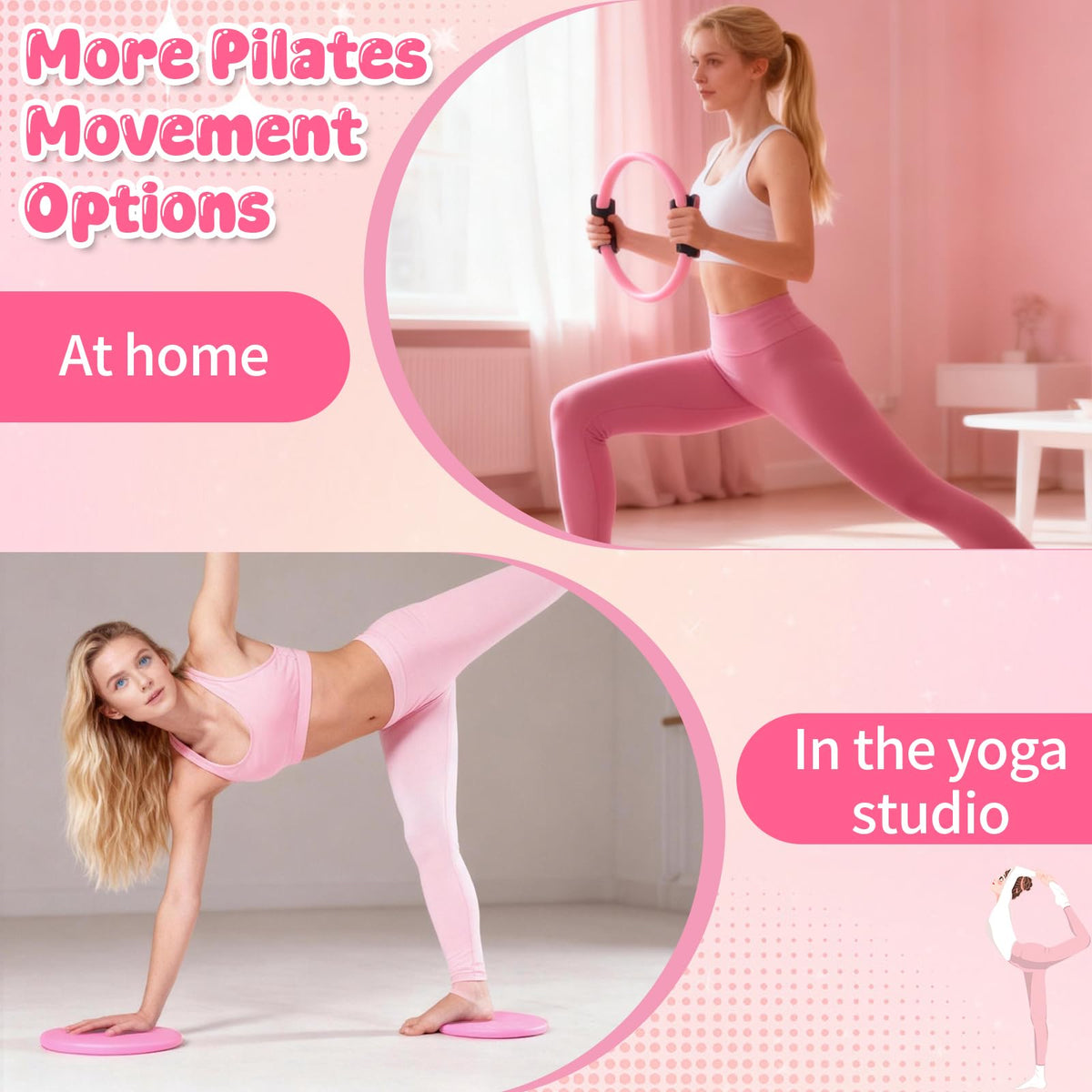 Pilates Equipment Kit for Home Workouts - 18pcs Set- 14'' Pilates Ring and Ball Set for Women, Pilates/Yoga Accessories Kit with Wrist Weights, Resistance Bands, Core Sliders, Yoga Strap (pink)