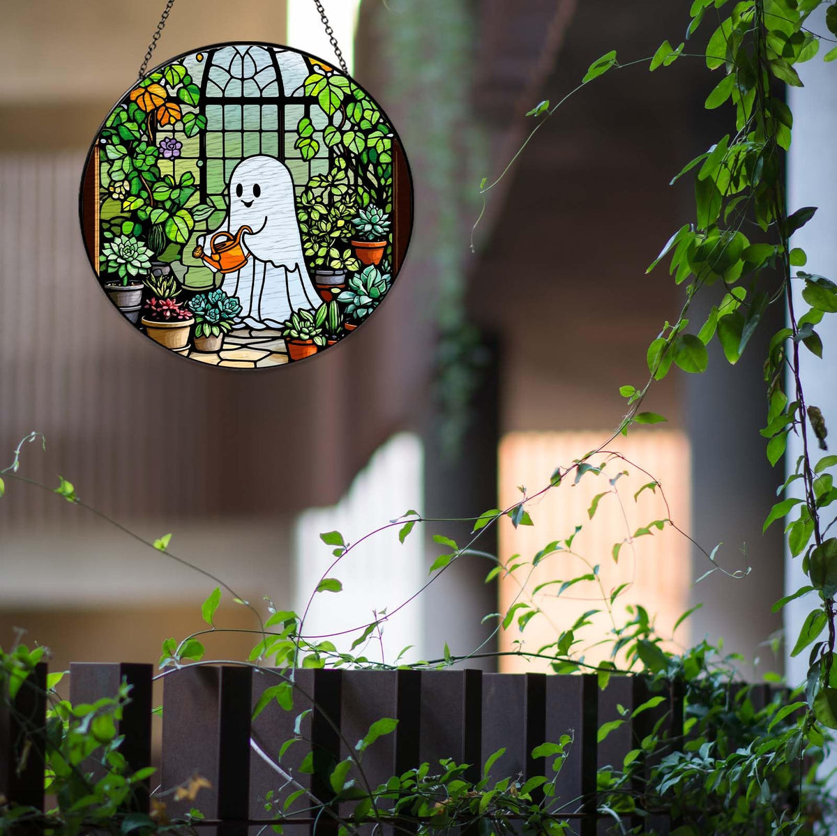 RVEAFA Ghost Garden Sun Catcher Stained Glass Window Hanging Plant Lovers Gifts for Women Wall Decor Handmade SunCatcher Decoration for Garden Home Plant Greenhouse Decor, 7.87inch