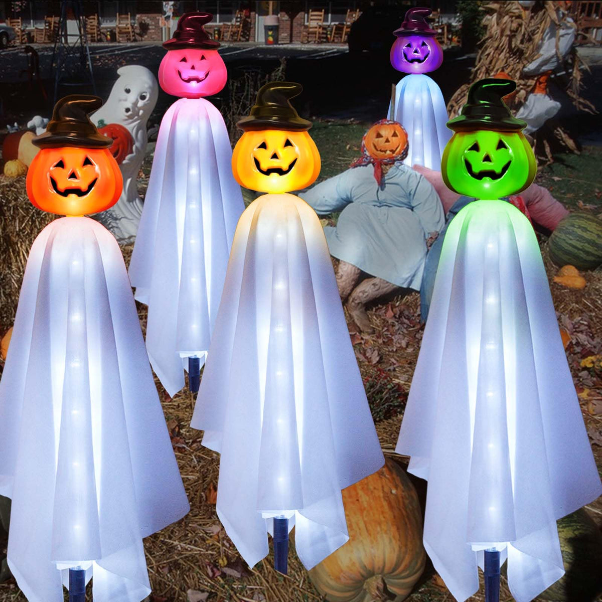 Homeleo Set of 4 Solar Pumpkin Ghost Lights for Halloween Decorations Outdoor, Light up Floating Scary Ghosts Pumpkins Witch Hat Stake Lights for Porch Yard Outside Pathway Halloween Party Decor