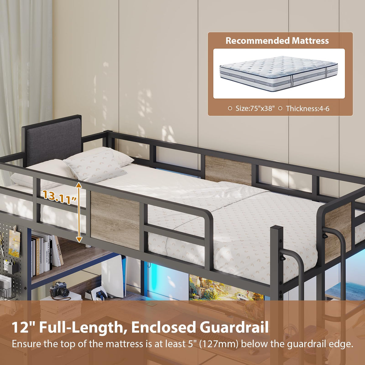 Dnxao Twin Loft Bed with Desk and 5 Storage Drawers,Loft Bed Twin Size with LED Lights and Charging Station, Metal Bunk Bed Frame with Ladder, Clothes Rail,Noise Free,Oak Gray
