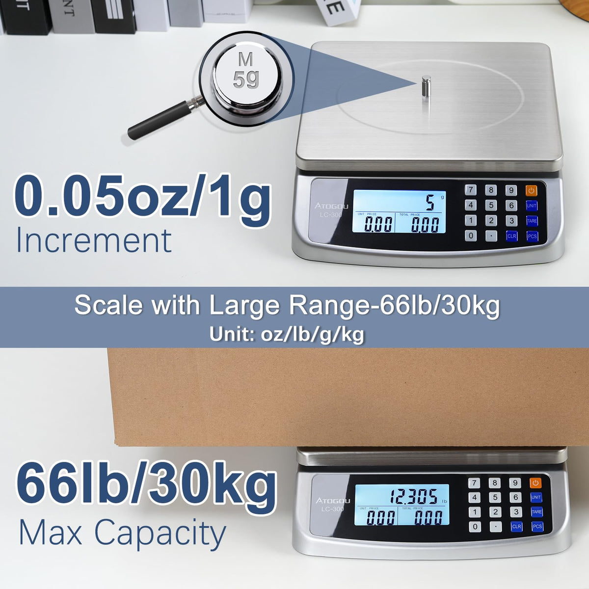Atogou 66lb Food Scale, Commercial Kitchen Scale with Price Computing, Plug-in Usable, 0.05oz/1g, 304 Stainless Steel, for Cooking, Vegetables, Farm, Industry, Counting. LC300 Silver