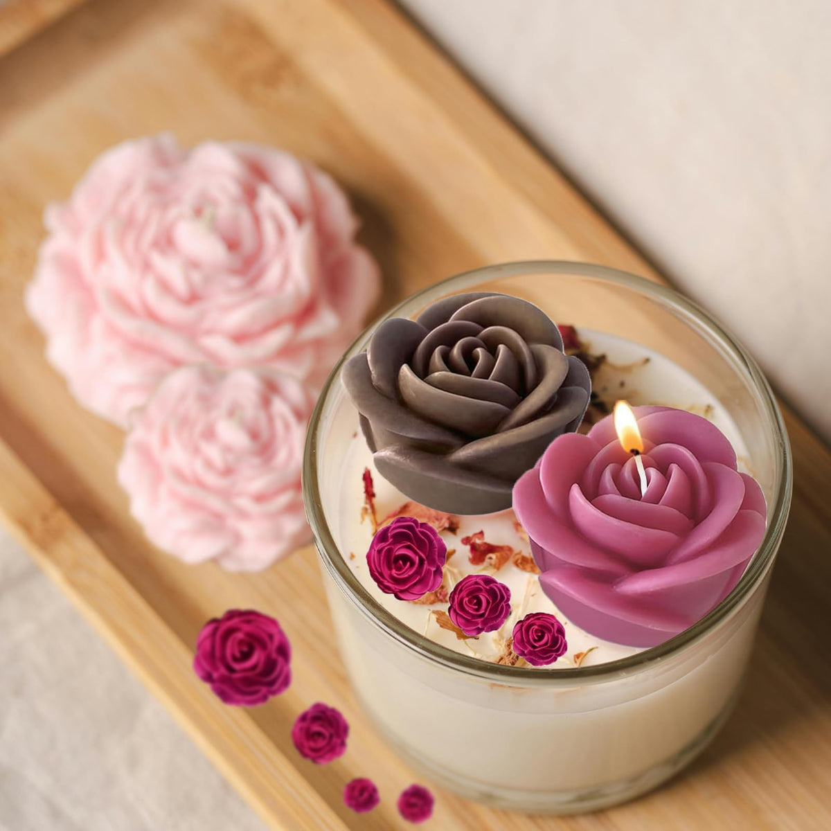 2 Rose Flowers Silicone molds(2 Styles) 2 Peony Mold (3.54 inch + 2.55 inch) Flower Silicone Candle Molds with Large-Eye Wicking Needle Candlewick for Candle Home Décor Handmade Gift Epoxy Resin Soap