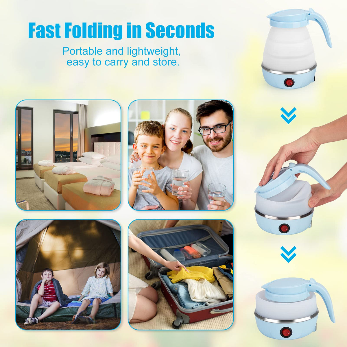 Travel Foldable Electric Kettle, Portable Kettle for Fast Water Boiling Tea Coffee, with 1 Collapsible Bowl and 2 Cups, Food Grade Silicon, 600ML 110V