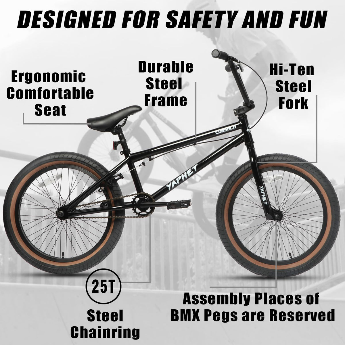 cubsala Freestyle BMX Bike, 20 Inch Yaphet Bicycle for Teen Beginner and Adult Riders, Bike with Hi-Ten Steel Frame, Black with Brown Tire