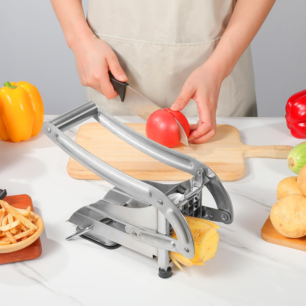 REDANT Professional French Fry Cutter - Stainless Steel Potato Slicer with 2 Blades (1/2 and 1/3 Inch) and Non-Slip Suction Feet for Homemade French Fries, Chips & Sweet Potatoes (Silver, 1PCS)