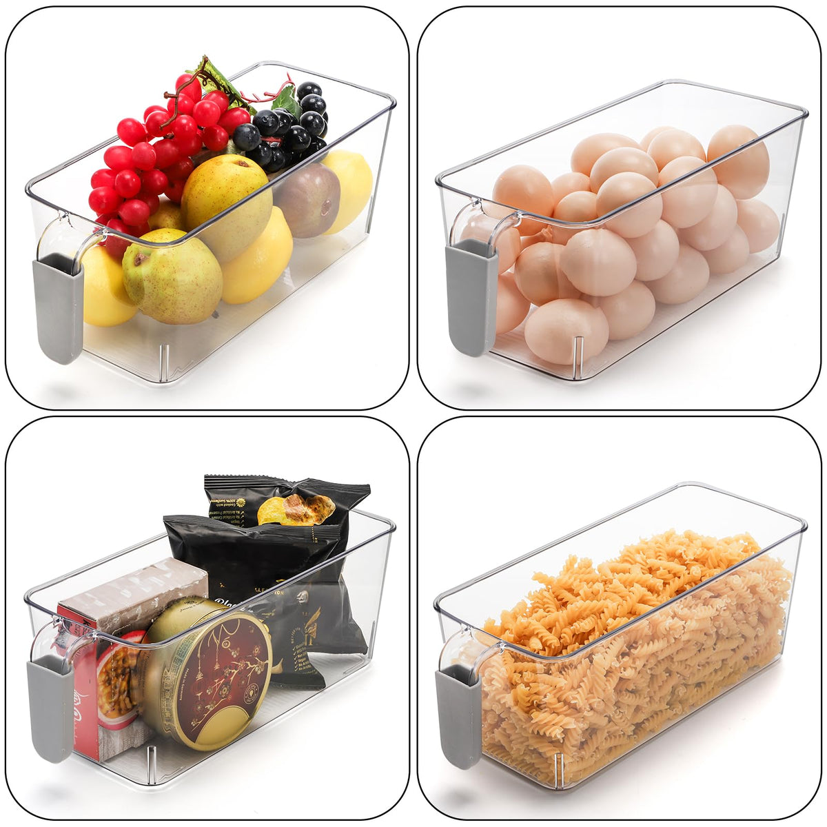 Pumtus 4 Pack Clear Ice Bins for Freezer, Plastic Ice Bucket with Flexible Scoop & Ice Tong, Pull Out Handle Ice Container, Kitchen Food Storage Organizer, Pantry Canister for Wine Beverage Fruit