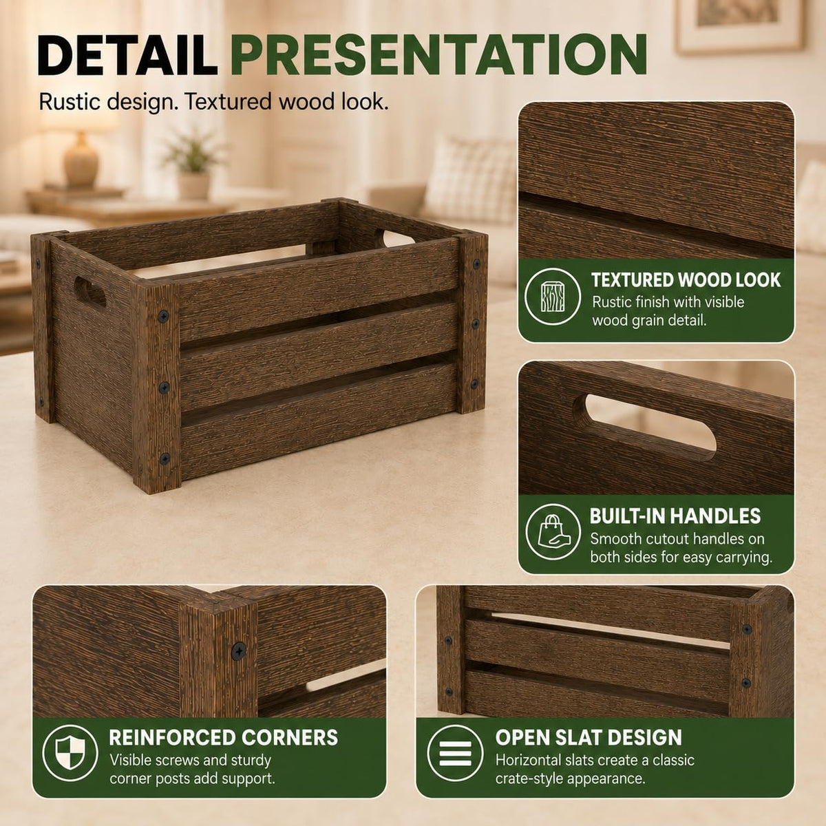 Wooden Crates for Display, 3 Pack Large Rustic Handmade Wood Crate for Storage, Wooden Basket with Handles, Nesting Crates Boxes for Container and Decor Living Room Outdoor Christmas (Extra Large)