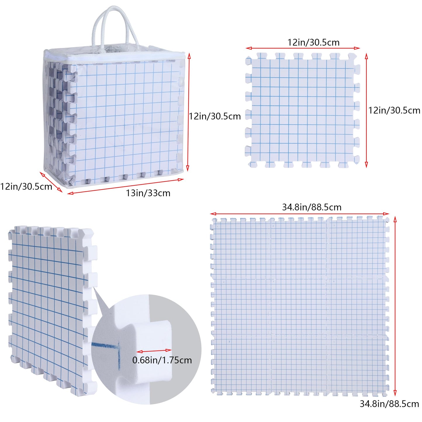 9 Pack Blocking Mats for Knitting & Crochet Project, Extra Thick Knitting Blocking Mat with Grid Lines，Knitting Mats with 100 T-Pins and Storage Bag