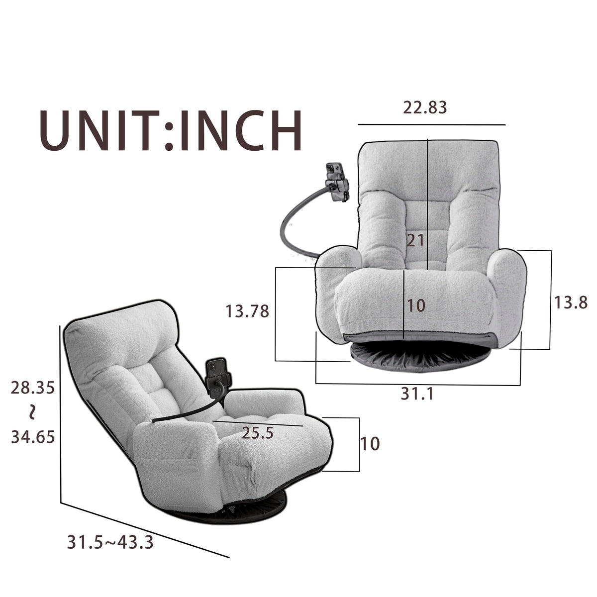 KEIKI Adjustable Swivel Accent Chair with Phone Holder, 360° Rotatable Sofa Chair with 5-Position Recline, Upholstered Single Sofa Chair for Living Room, Beige