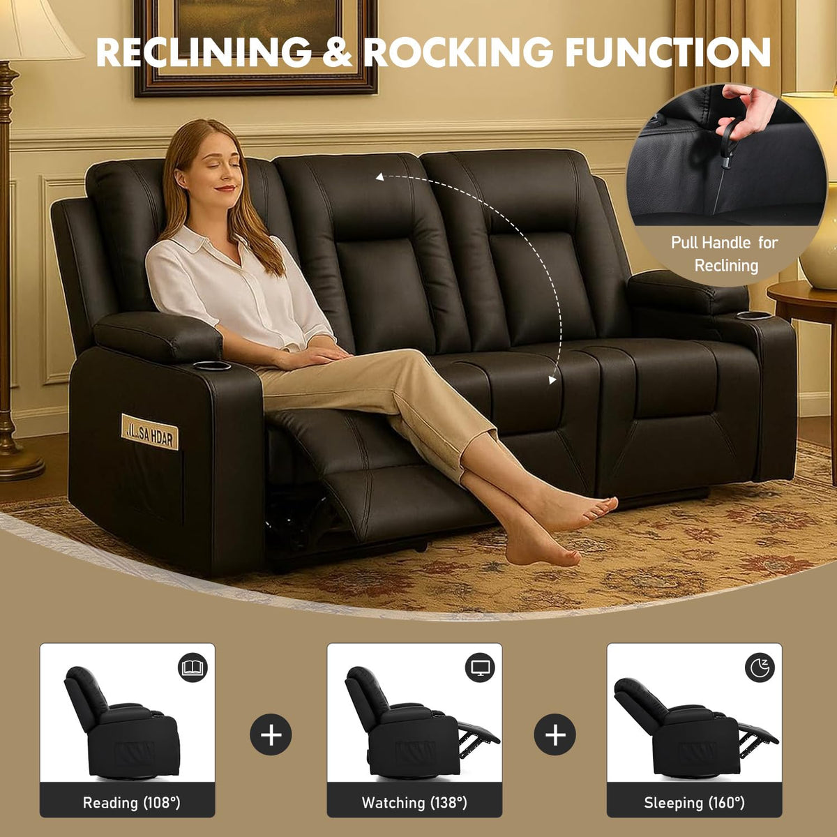 LUCKLIFE Leather Recliner Sofa Set with Manual Recliners,Living Room Furniture Set with Reclining Couch,Loveseat and Armchair,Living Room Chair with Cup Holders,Black (3+1)