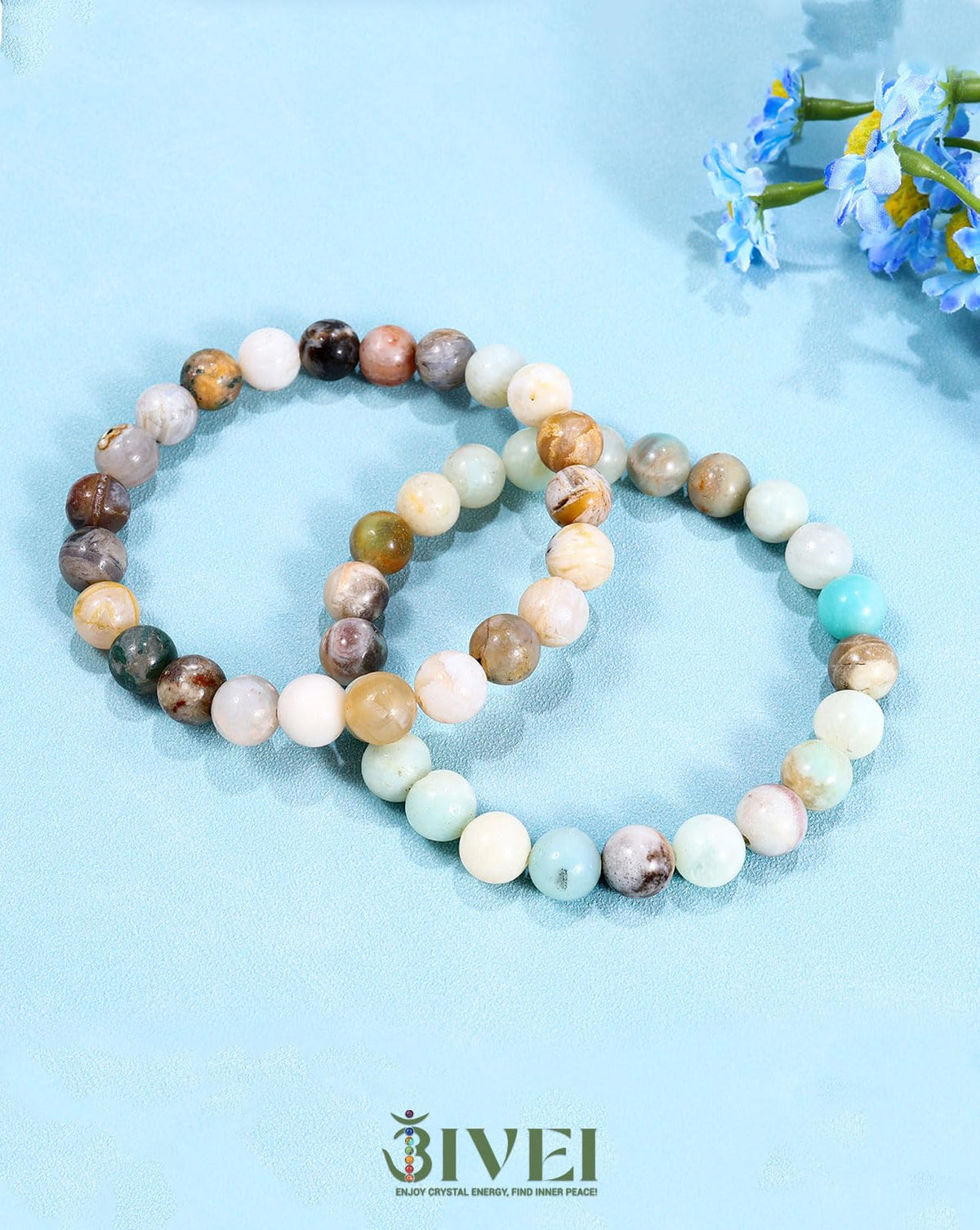 Bivei Natural Gemstone Semi Precious Crystals Handmade Stretchy Round Beads Bracelet, Enhance Positive Energy,Stocking Stuffers for Women(Bamboo Leaf Agate & Amazonite (Good Luck) Medium)