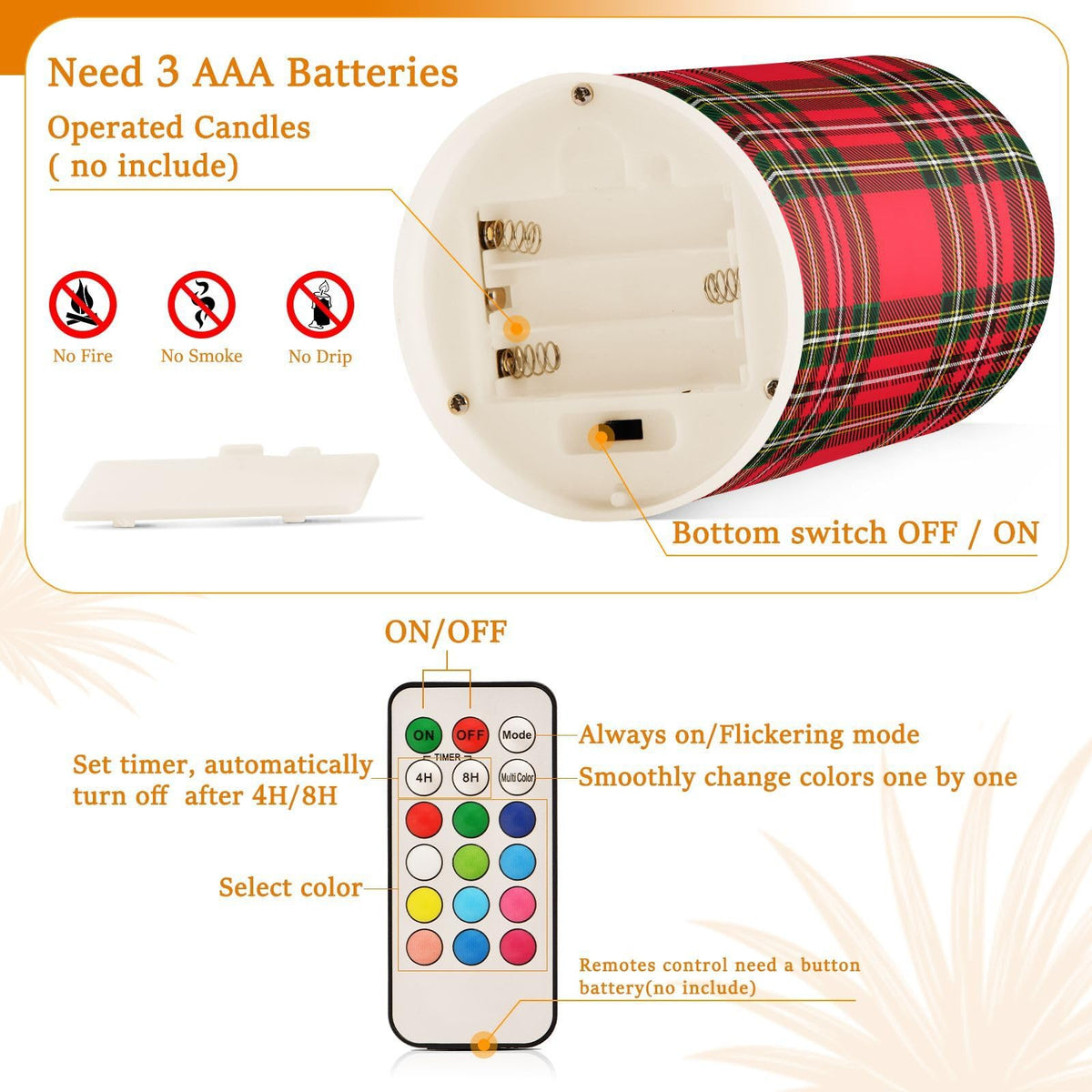 BOENLE Flickering Flameless Candles, Red Green Tartan Plaid Christmas LED Candles with Remote Timer, Set of 2 Battery Operated Candle for Valentine Wedding Birthday