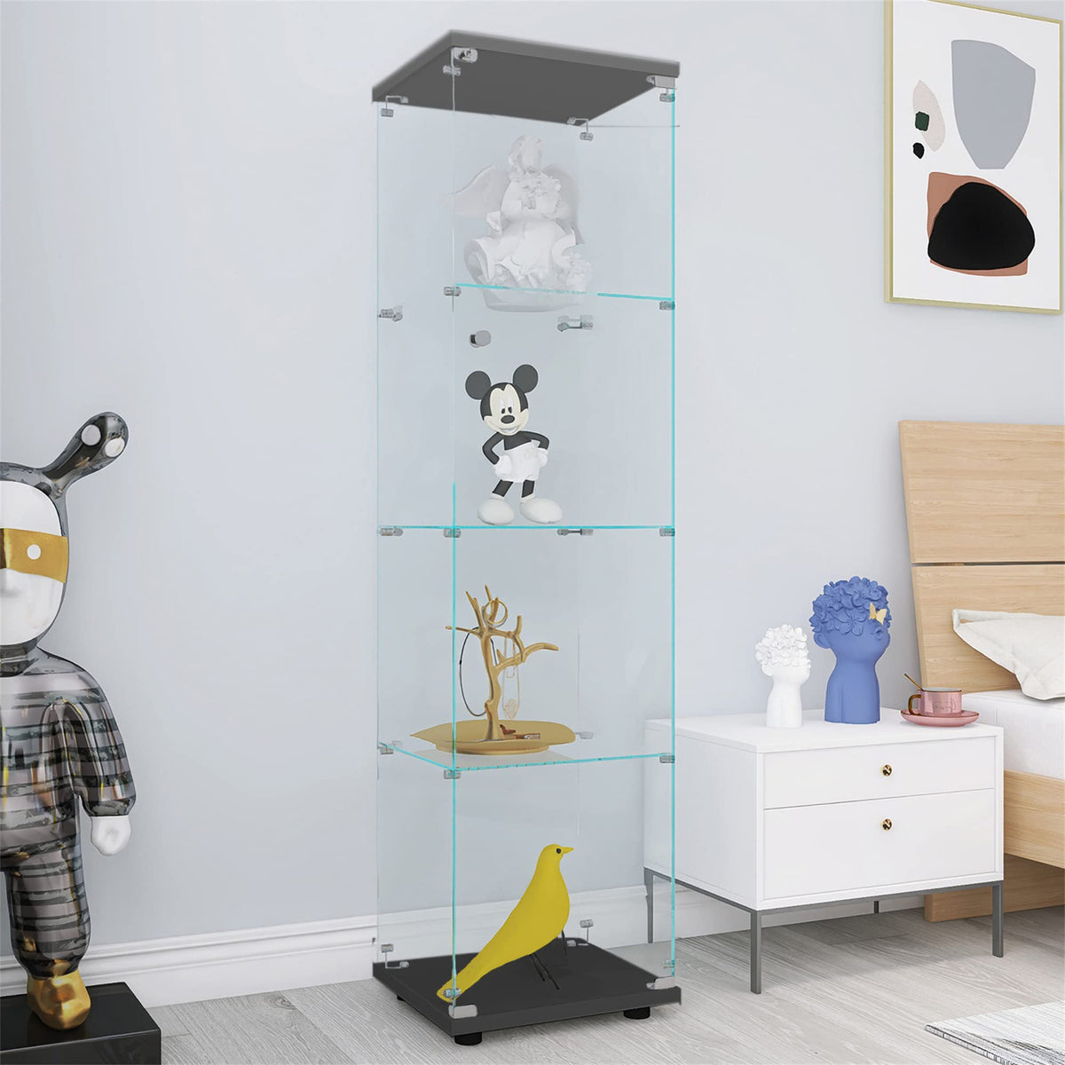 Acosure Glass Display Cabinet 4-Shelf,Curio Cabinets with Door,Floor Standing Bookshelf,Easy Assembly,for Bedroom Living Room Office,Black (17.00" L x 14.70" W x 64.00" H)
