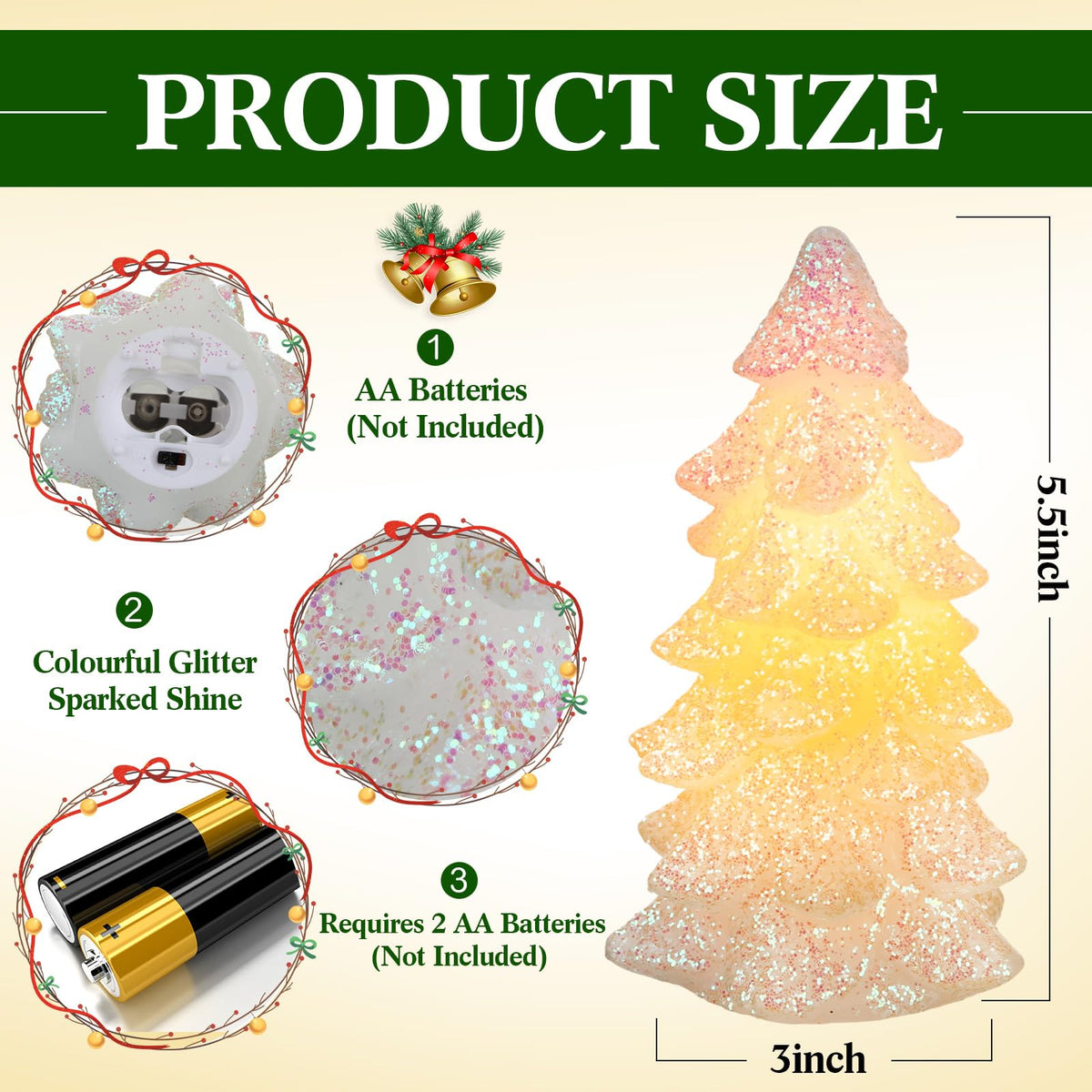Glooglitter 2 Pcs 5.5" White Christmas Tree Flameless Candles Glittering Real Wax Flickering Battery Operated LED Handmade Carved Candles for Xmas Party Decoration Gifts