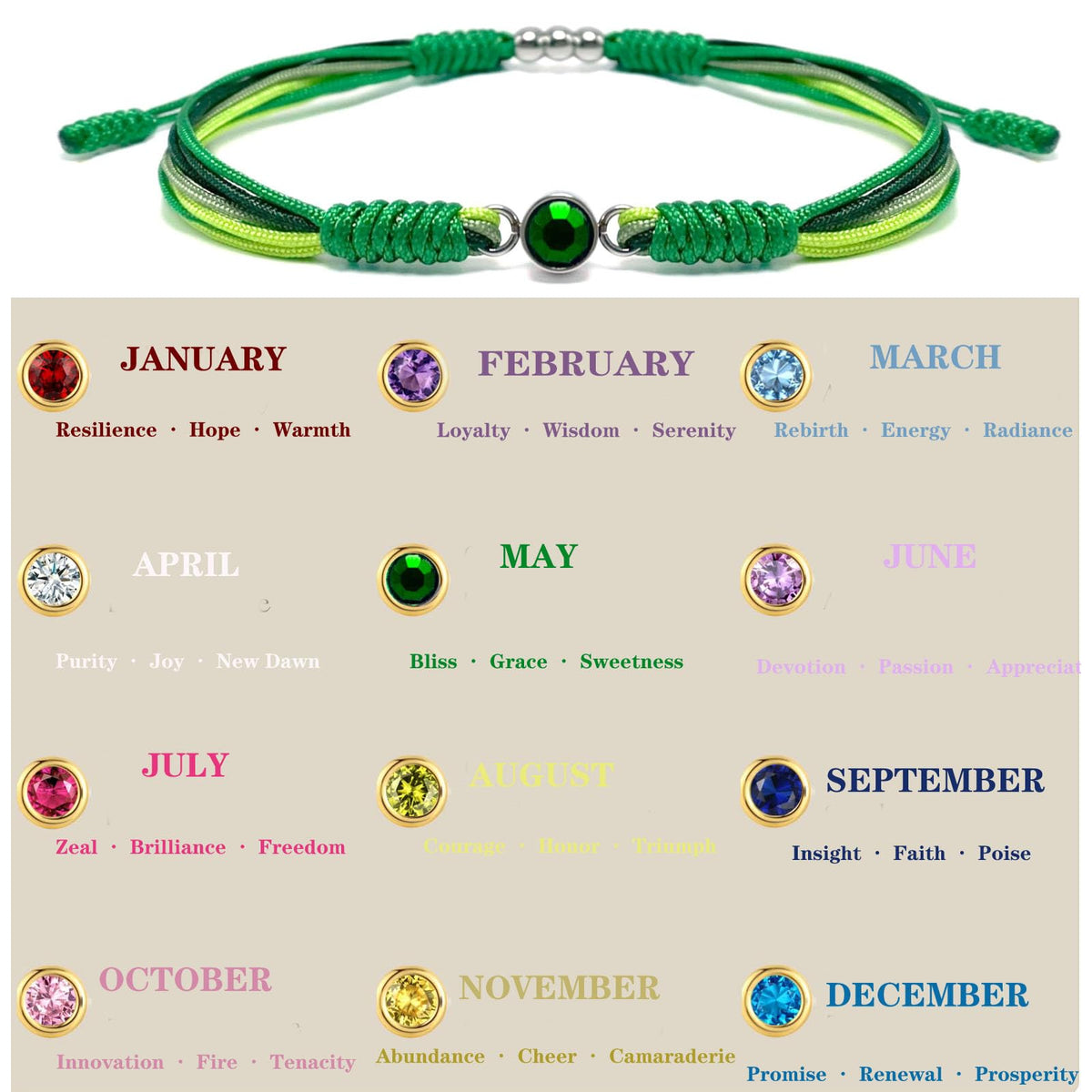 Crgwxzl May Birthstone Bracelets for Women Men,Healing Crystal Protection Stone Green Jade Beads Bracelet,String Wrap Zodiac Month Bracelets Birthday Jewelry Gifts