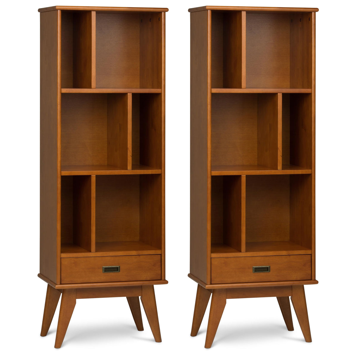 SIMPLIHOME Draper 22 inch Mid-Century Modern 6 Cubbie Bookcase with Drawer (Set of 2) in Teak Brown for the Living Room, Study Room and Office