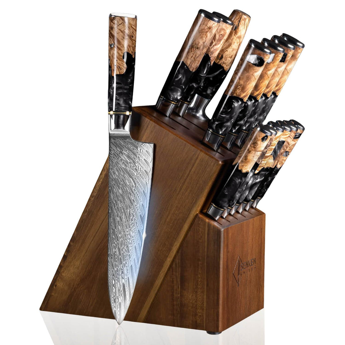 SENKEN 15-Piece Damascus Knife Block Set - Black Tsunami Collection - Japanese Chef Knife Set with 67-Layer Japanese VG10 Steel Blades (15-Piece Knife Block Set)