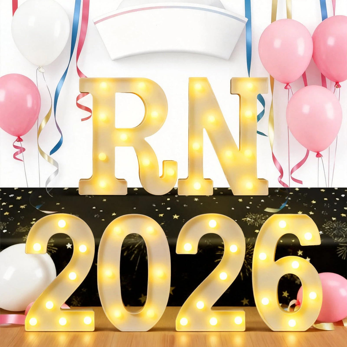Ganeen 6 Pcs RN 2026 LED Letter Lights Rn Graduation Marquee Light Letters Table Sign Lights up 3D Plastic Letters for Congrats Grad Nursing School Survivor Graduation Party Decorations Supplies