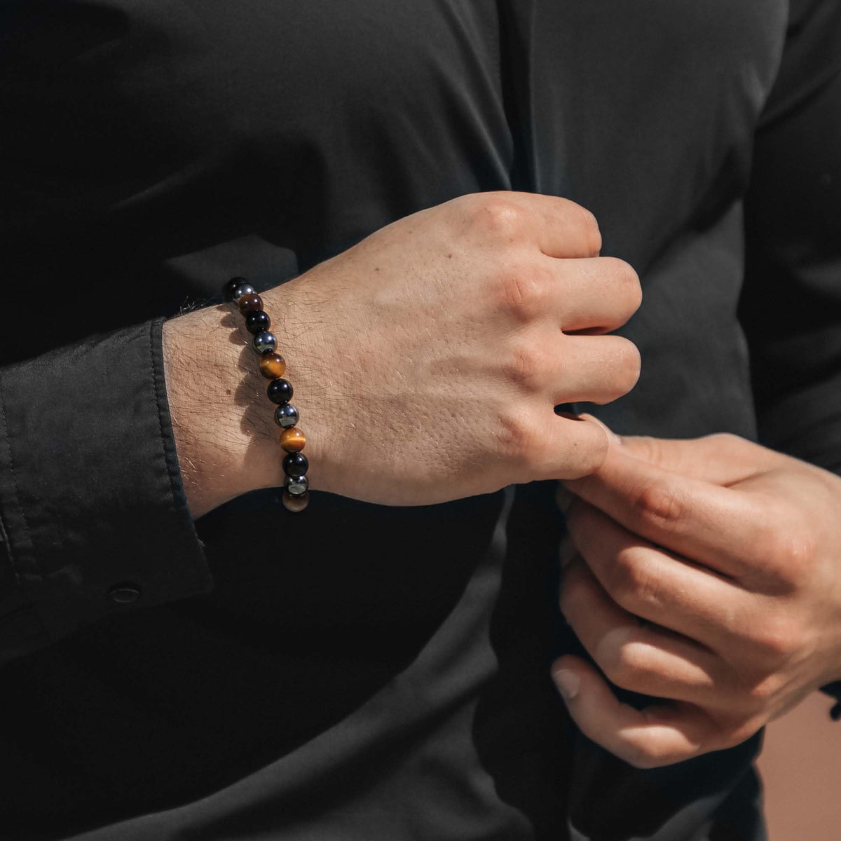 RTZN® Triple Protection Bracelet for Men – Premium Artisan Handcrafted Tigers Eye, Black Obsidian & Hematite Bracelet for Men & Women – 6MM Beaded Spiritual Bracelets – Adjustable 6.5"–8.5" (Chain Fit)
