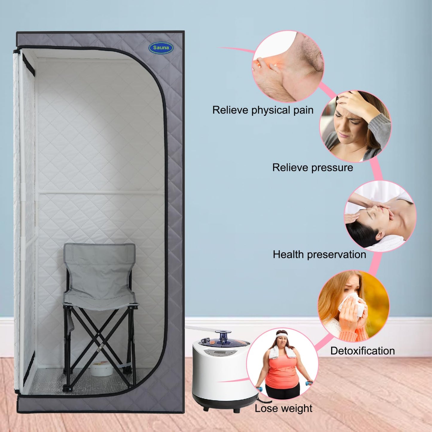 Full Size Portable Grey Steam Sauna Tent: Personal Home Spa with Steam Generator, Remote, Timer, & Foldable Chair