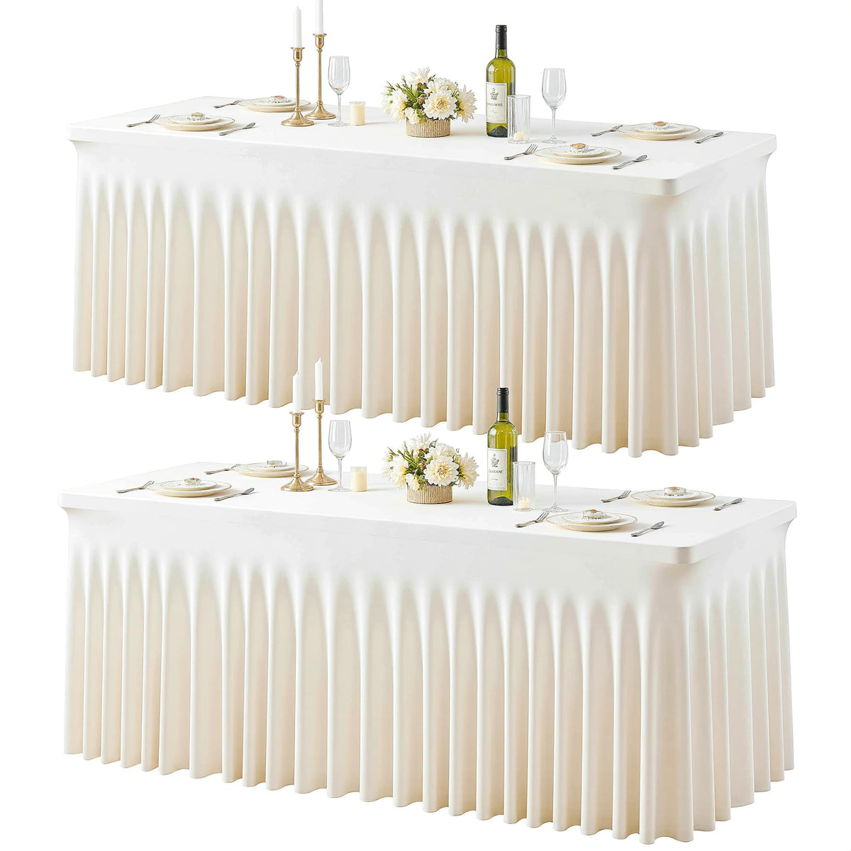 2 Pack Ivory Spandex Tablecloths for Rectangle Tables 6 Foot Ivory Stretch Table Cloth Rectangle 6ft Elastic Fitted Table Cover with Skirt for Wedding Birthday Party Banquet Baby Shower Buffet Event