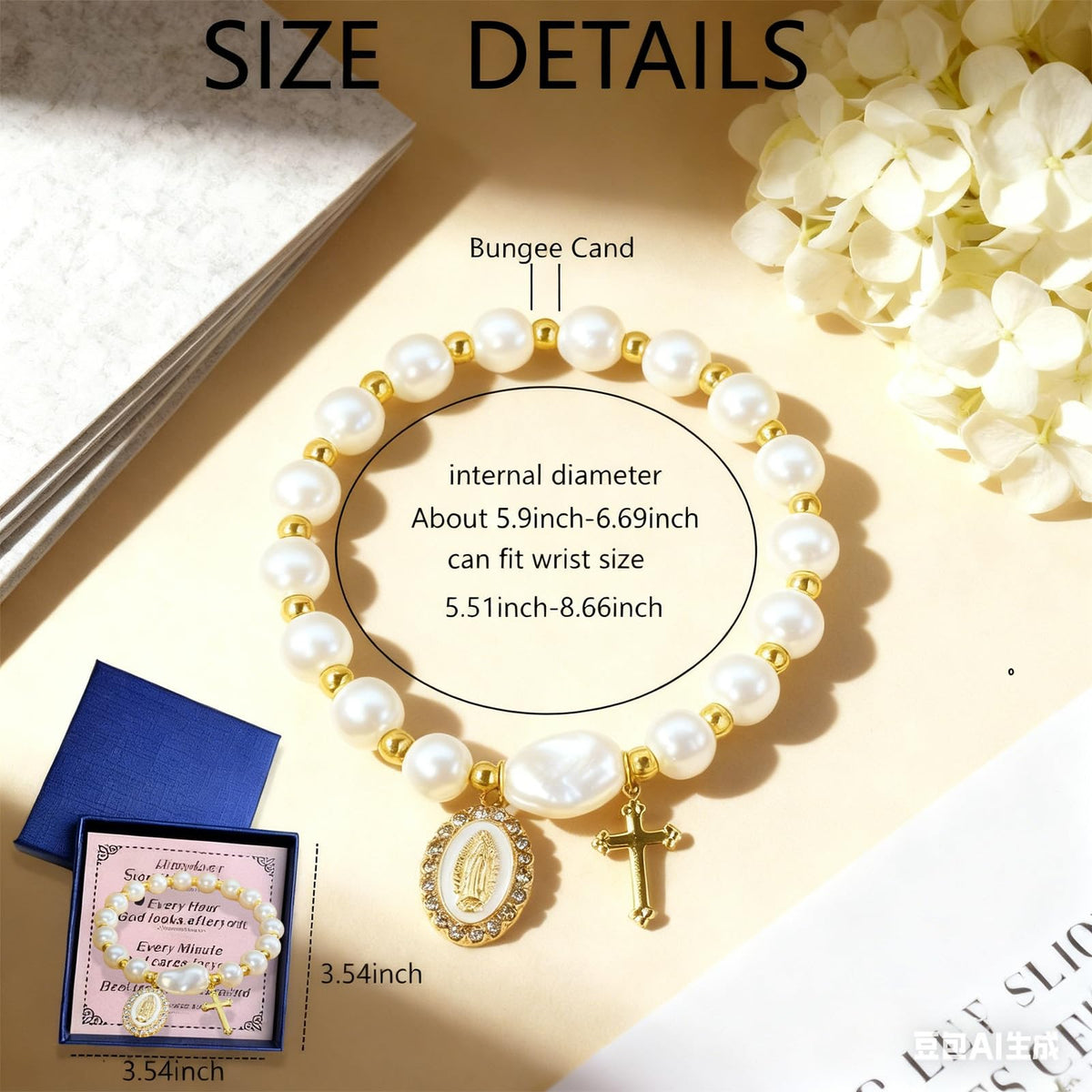 Virgin Mary Cross Bracelet,Blue Ceramic Pearl Rosary Bracelets with Miraculous Medal and Cross Charm,Religious Catholic Christian Faith Jewelry Gift Birthday Mothers Day Gifts for Women (white)