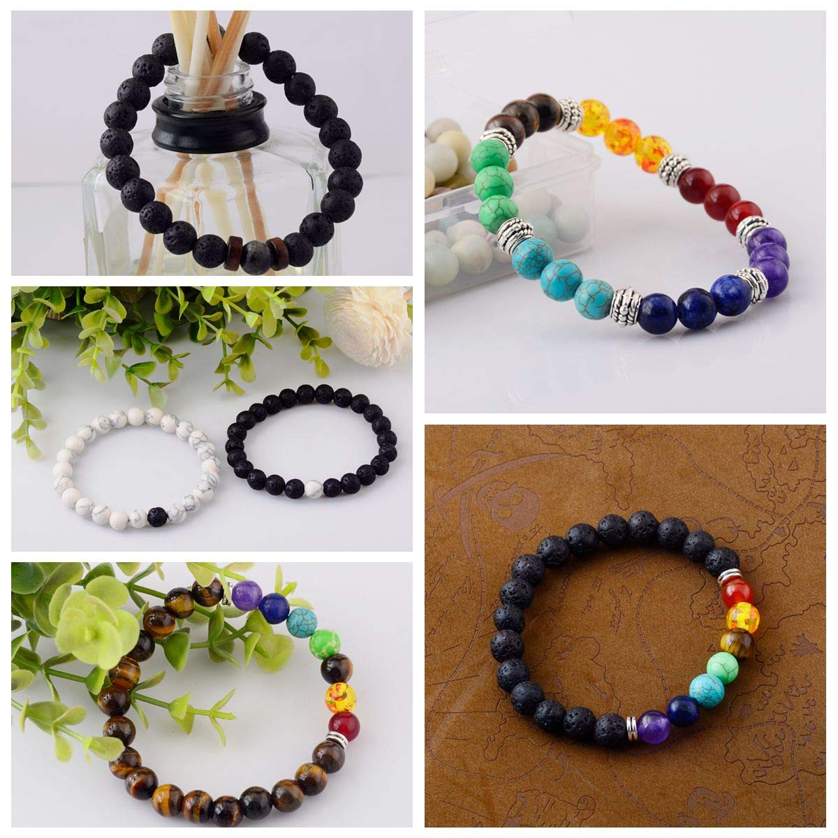 Black Lava Stone 7 Chakra Bracelets 6pcs mix 8mm Yinyang Rock Bead Elastic Natural Stones Gemstones Oil Diffuser Yoga Menditation Beads Bracelets for Men Women Jewelry (6pcs Lava Stone Bracelet)