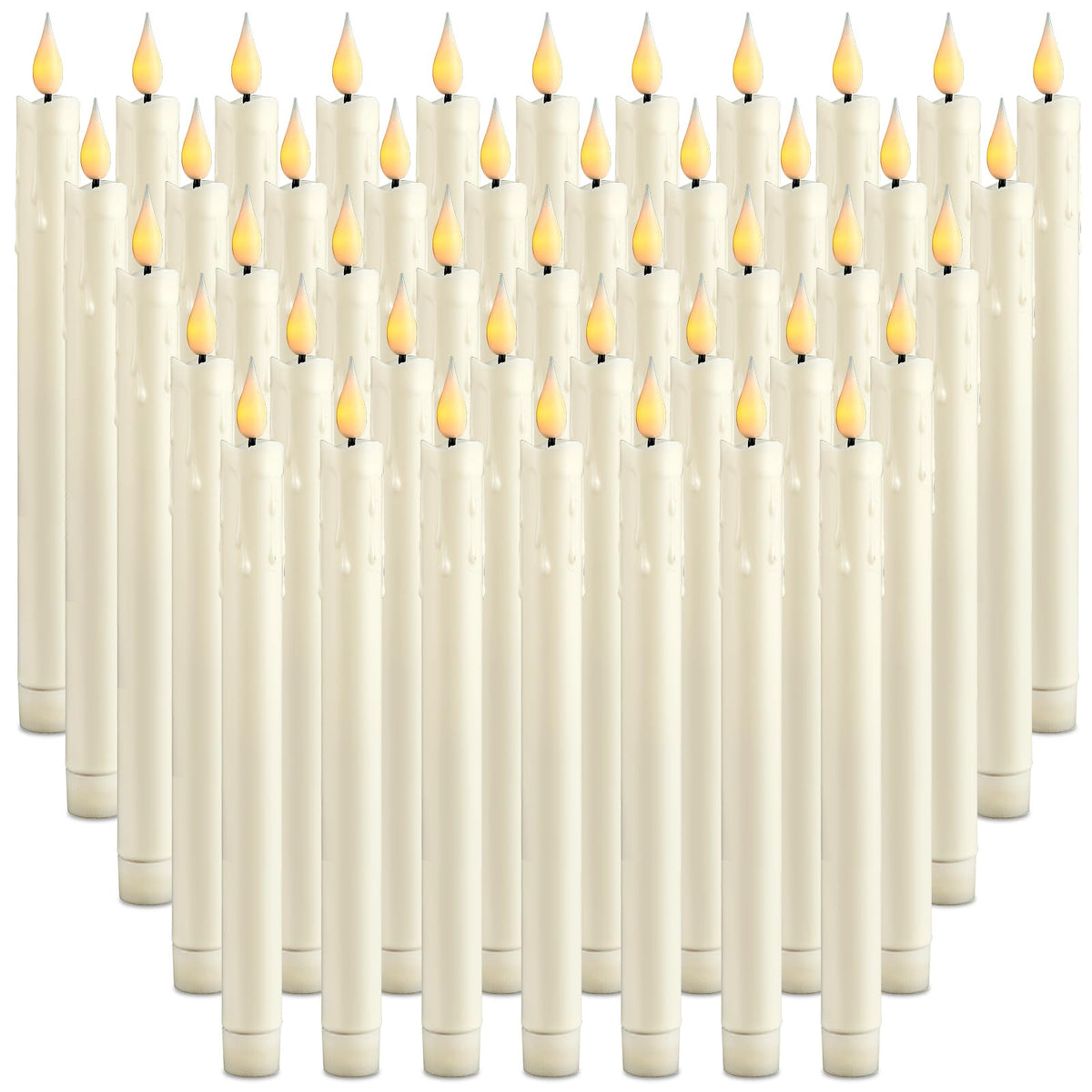 Baquler 48 Pcs 10 Inch Ivory Flameless Taper Candles LED Candle Sticks Battery Operated Flickering LED Candlestick Window Plastic Candle for Wedding Halloween Christmas Decor(No Battery)