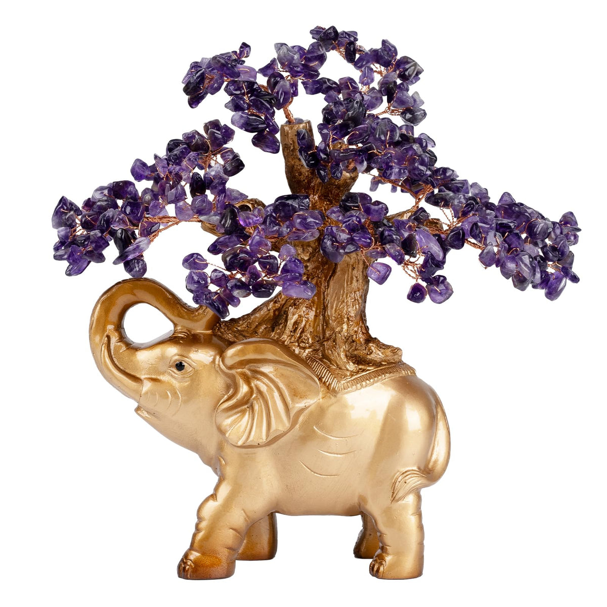 GEMBOURY Amethyst Crystal Money Tree on Gold Mini Elephant Statue, 10”Gemstone Bonsai Tree of Life Home Décor Gifts for Wealth Positive Energy, Feng Shui Décor