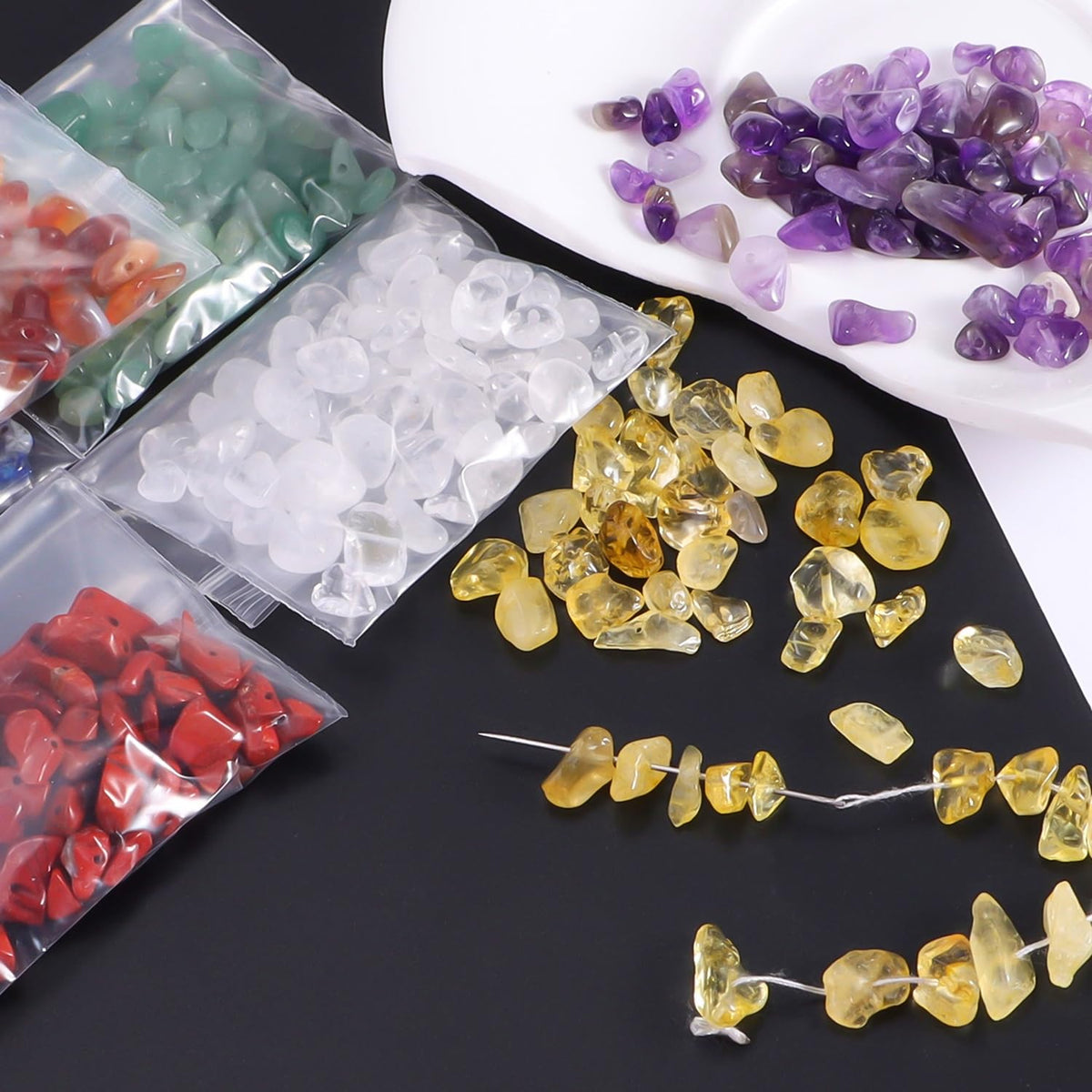 400pcs Natural Chip Stone Beads 7 Chakra Color 5-8mm Irregular Gemstones Healing Crystal Drilled DIY Loose Rocks Bead Crystal for Bracelet Necklace Jewelry Making Crafting