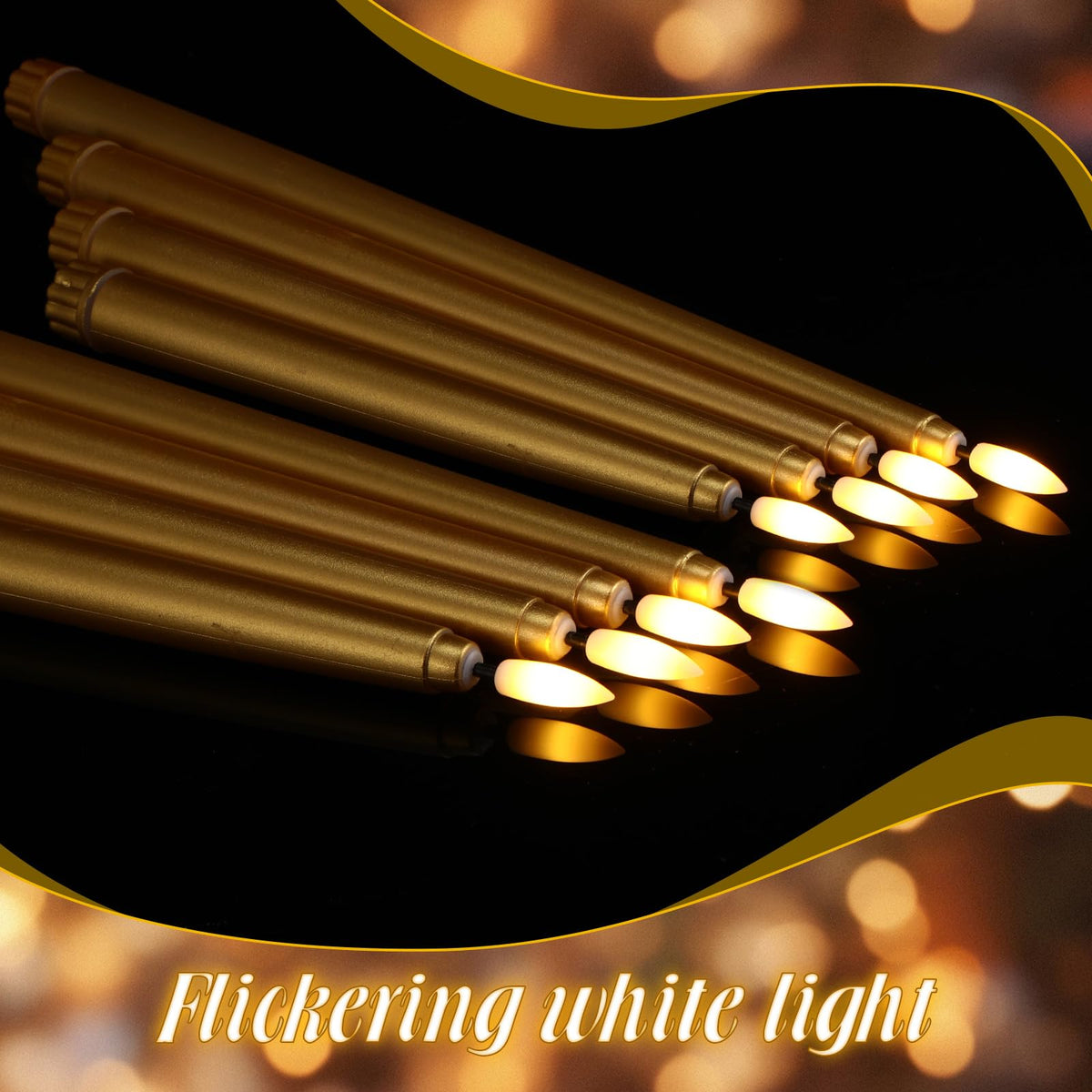 Rossesay 24 Pcs Flameless LED Taper Candles Battery Operated Candle 8.5", 9.65", 10.8", 12.8" Flameless Candlesticks Flickering for Christmas Church Wedding Indoor Decoration(Classic, Golden)