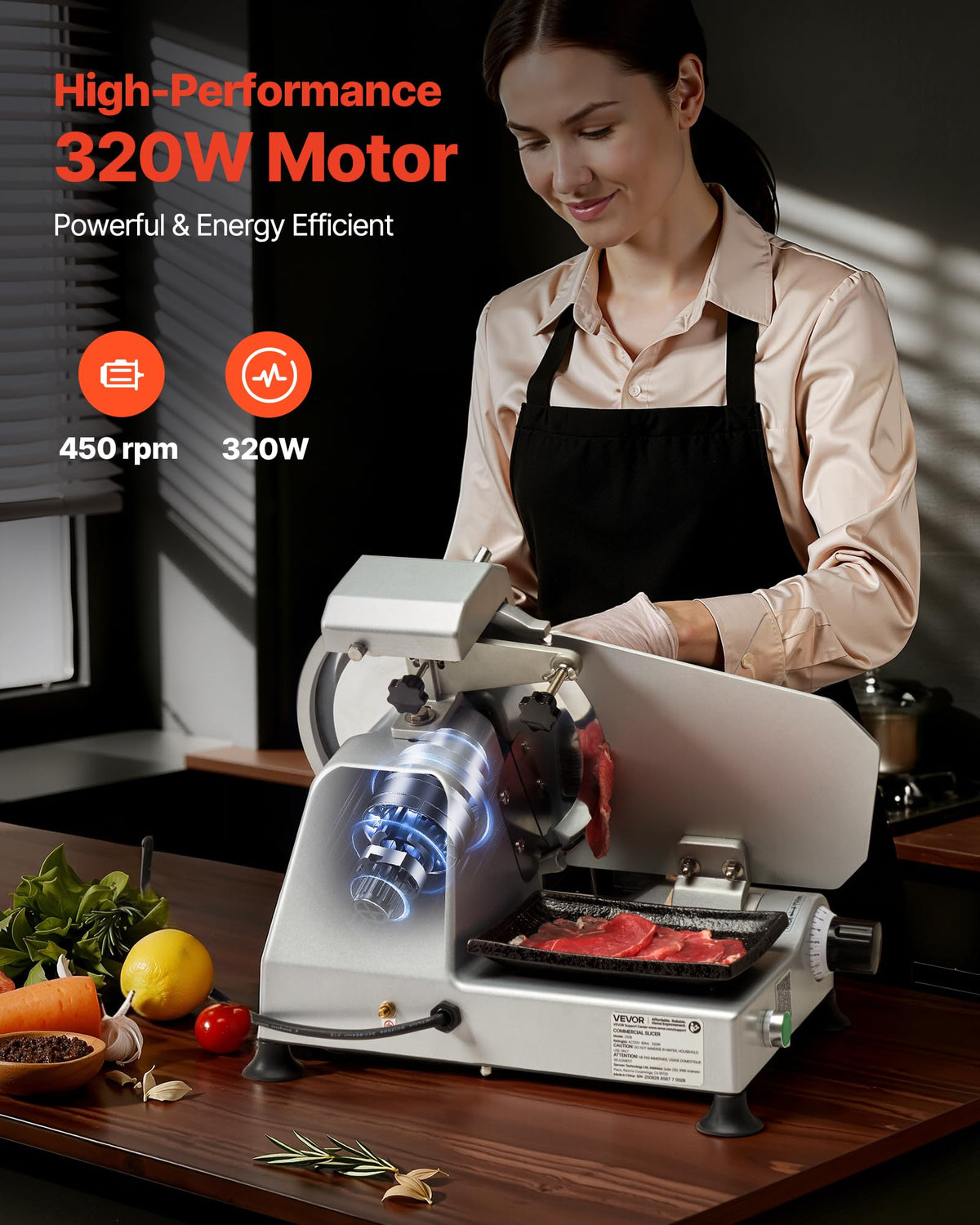 VEVOR Commercial Meat Slicer, 320W Electric Deli Slicer Machine with 10 inch SUS420 Blade, 0-0.4 inch Adjustable Thickness, for Frozen Meat, Ham, Baguett, Steak