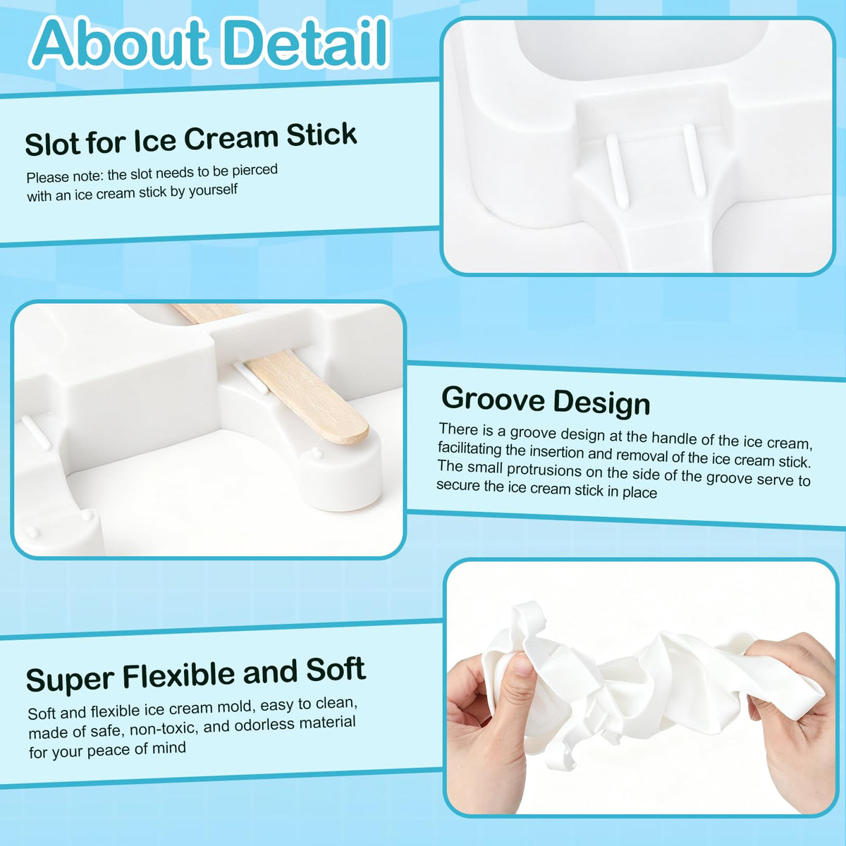 3 Set Small Silicone Popsicle Molds Ice Cream Mould 4 Cavity Ice Lolly Mold White Oval Cake Pop Mould with 150 Pieces Wooden Sticks for DIY Cream Popsicle Cake