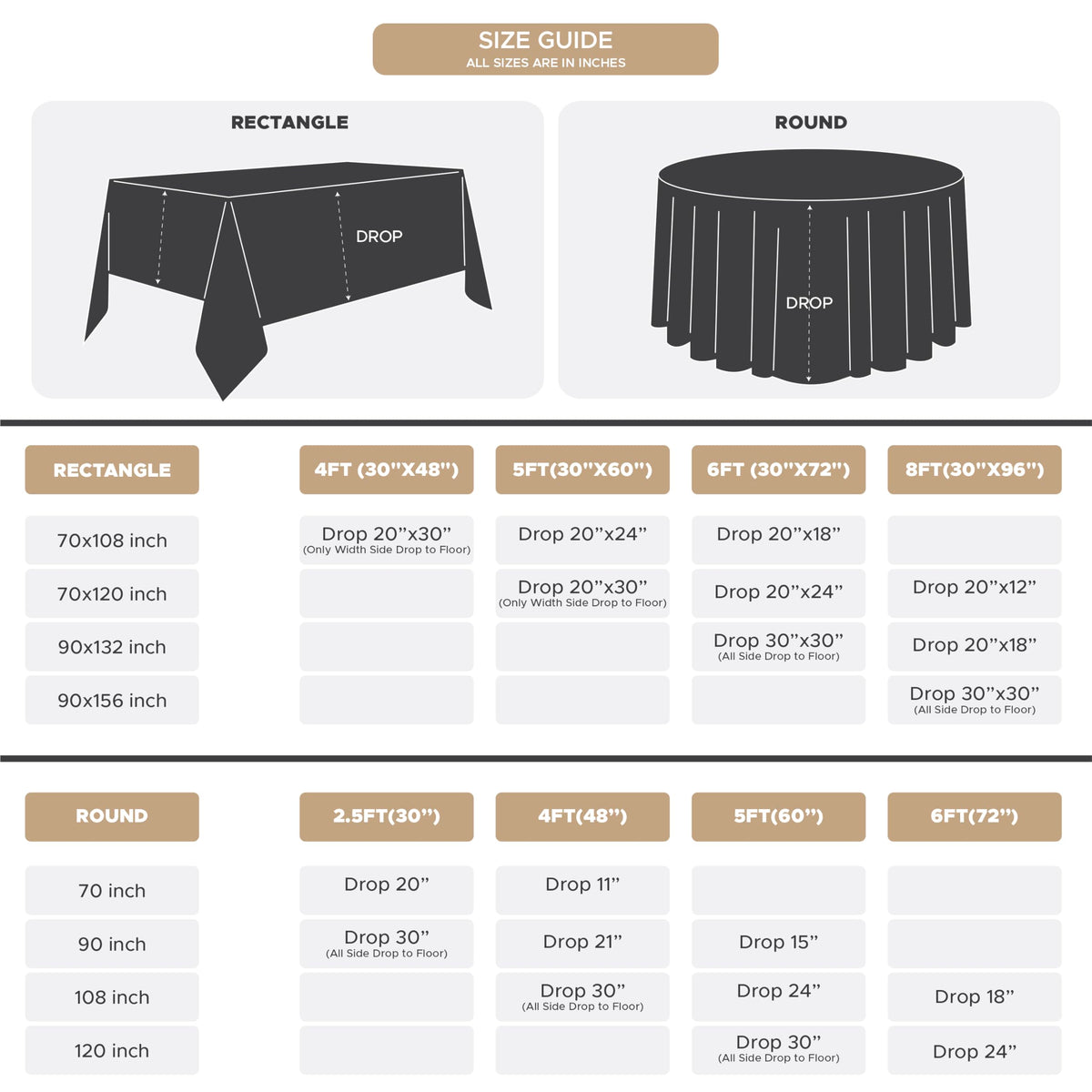 Fitable 6 Pack Gold Round Tablecloths - 90 Inches Round - Wrinkle and Stain Resistant Fabric Table Clothes, Washable Polyester Table Covers for Wedding Party Banquet Formal Events Fall Thanksgiving
