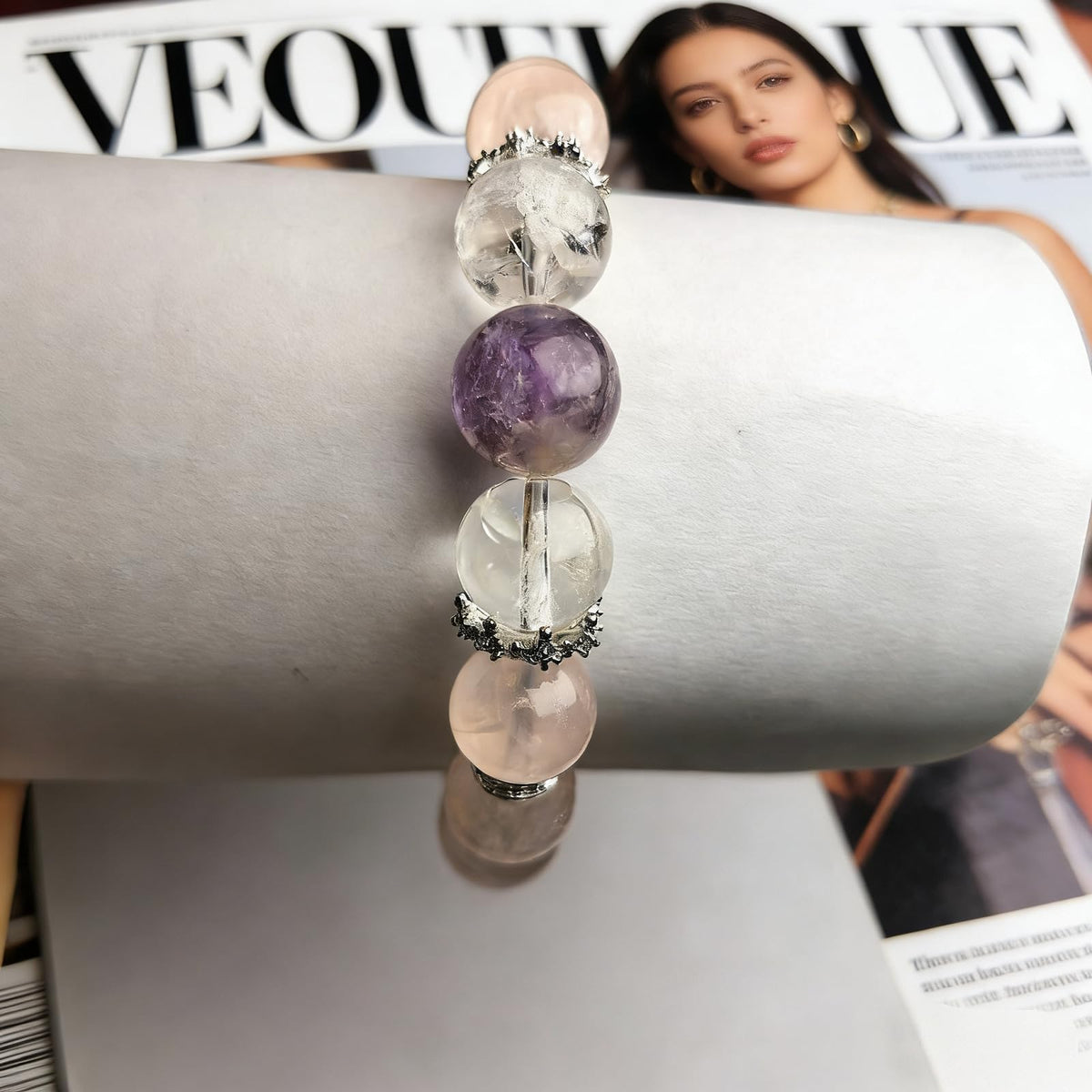 Natural crystal bracelet featuring 13mm beads and decorative charms, handcrafted and one-of-a-kind. This versatile, high-end stretchy bead bracelet for women is perfect for personal wear or as a gift. (Pink, Medium)