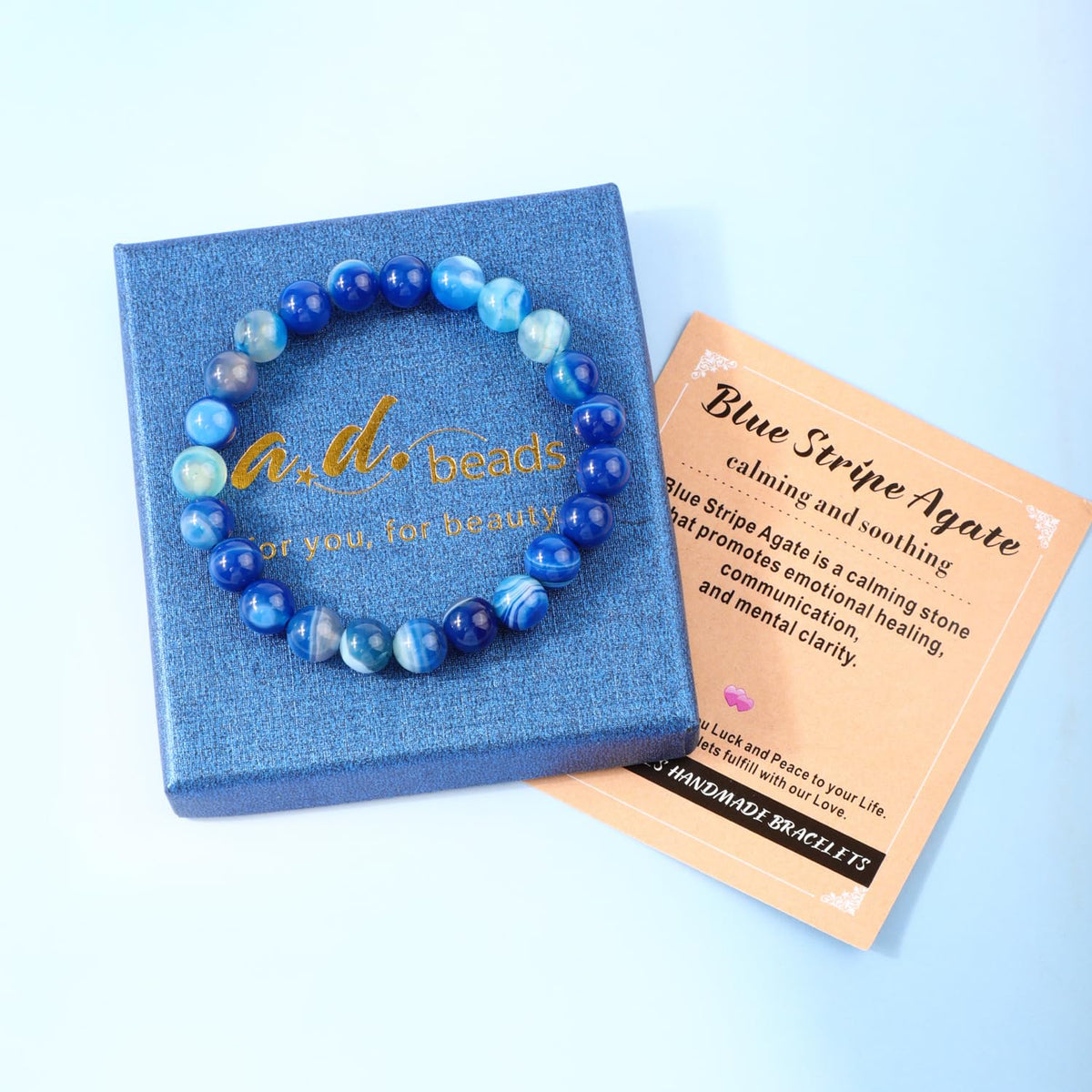AD Beads 10mm Handmade Blue Stripe Agate Elastic Bracelet – Natural Gemstone for Calming and Soothing – Meditation, Yoga, Healing and Energy Gift for Men Women