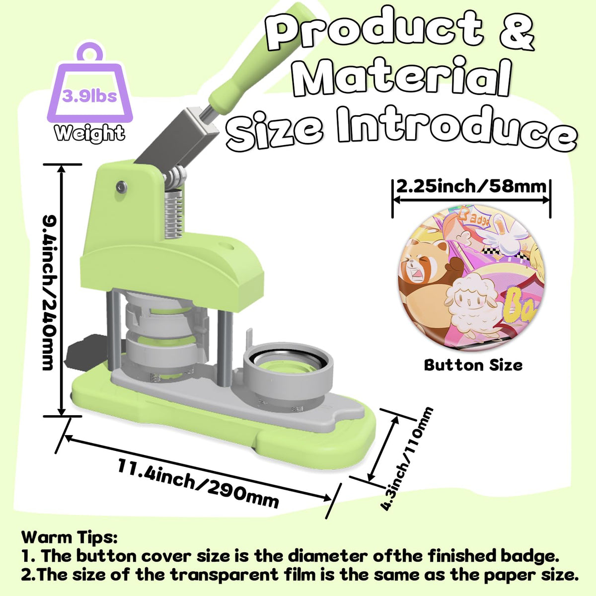 Green 58mm (2.25in) 5th Gen Button Maker Machine - Installation-Free DIY Pin Badge Press with Free Button Parts, Circle Cutter, Cutting Mat, Color Film & Pictures
