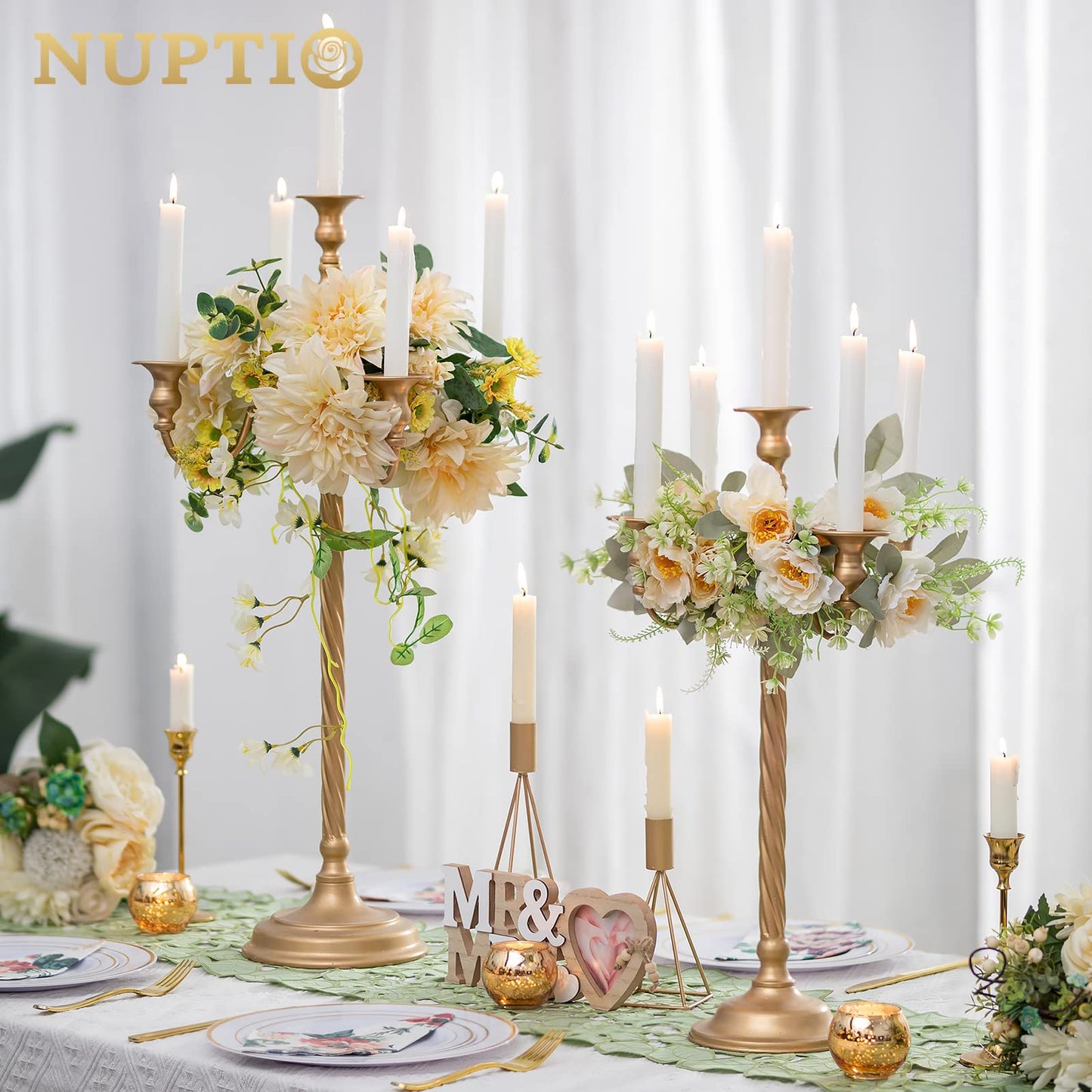 Nuptio Tall Candle Holder Gold Candelabra 21in Candlestick Holder 5 Arm Candelabras 2 Pcs Metal Taper Candle Holders Candle Stand Table Centerpiece for Wedding Fireplace Home Halloween Church Decor