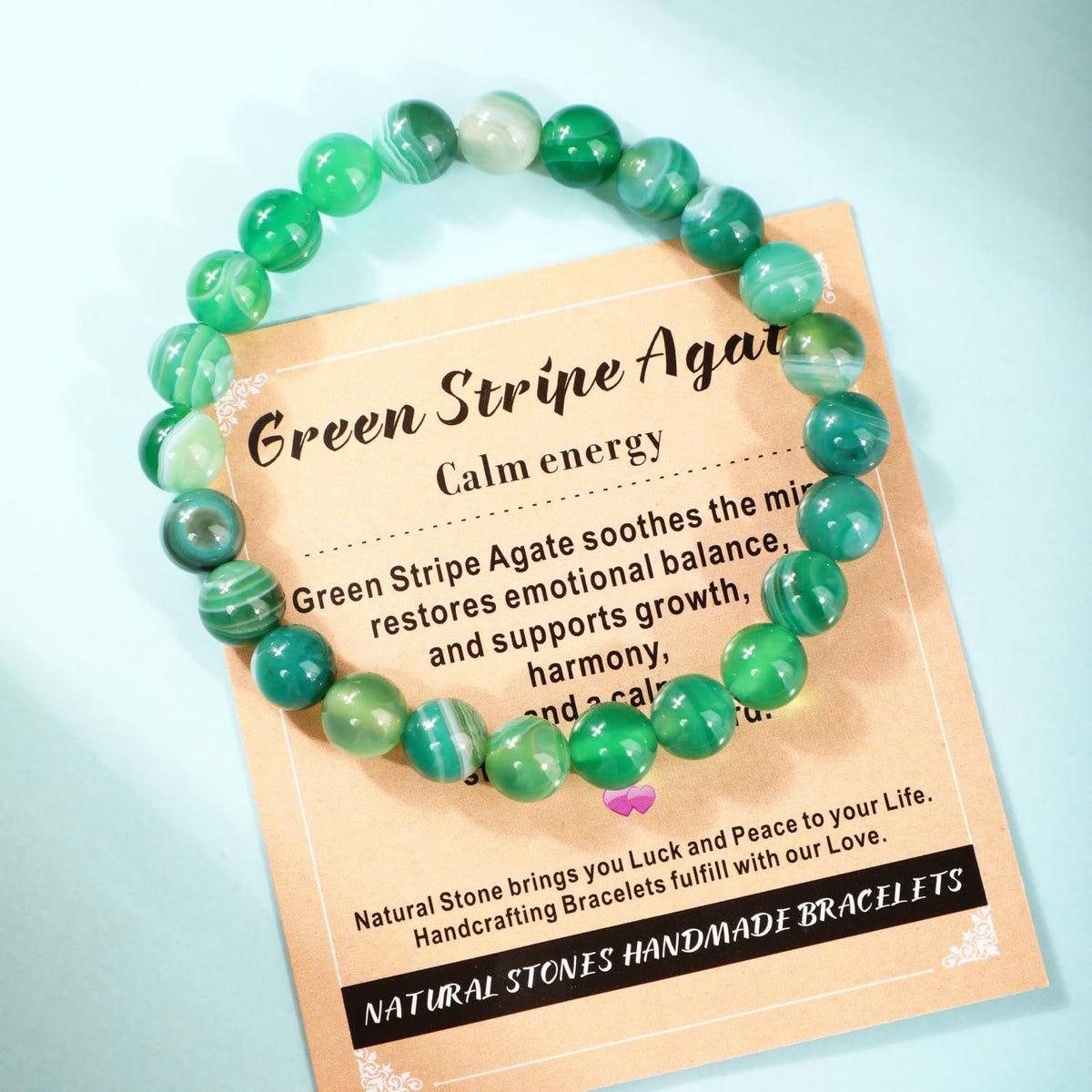 AD Beads 8mm Handmade Green Stripe Agate Elastic Bracelet – Natural Gemstone for Calm energy – Meditation, Yoga, Healing and Energy Gift for Men Women