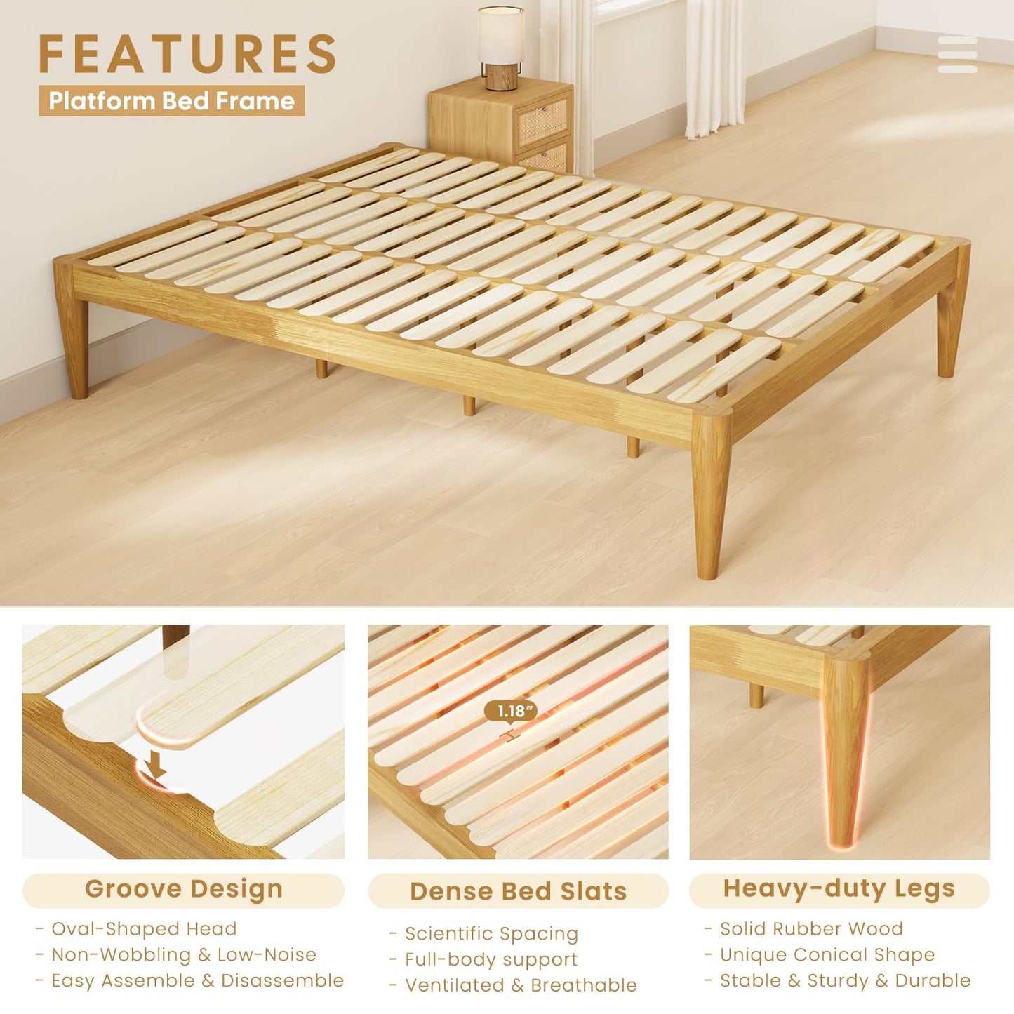 IOTXY Full Platform Bed Frame - Solid Wood 16-Inch Height Mattress Foundation Base with Densely Slats and Heavy-Duty Support Legs, No Box Spring Needed, Oak